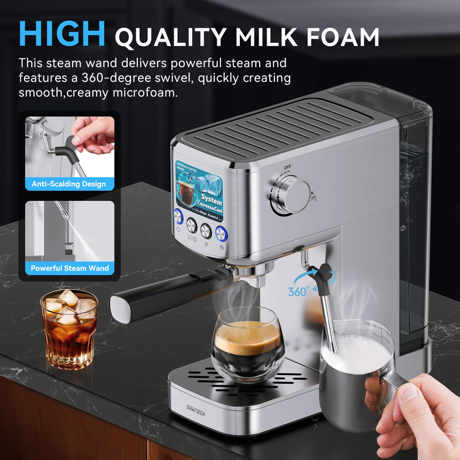 20 Bar Compact Espresso Machine with Milk Frother - Stainless Steel Coffee Maker with 42oz Water Tank for Cappuccino, Latte & Cold Brew - Perfect for Home, Office & Small Cafes (Silver)