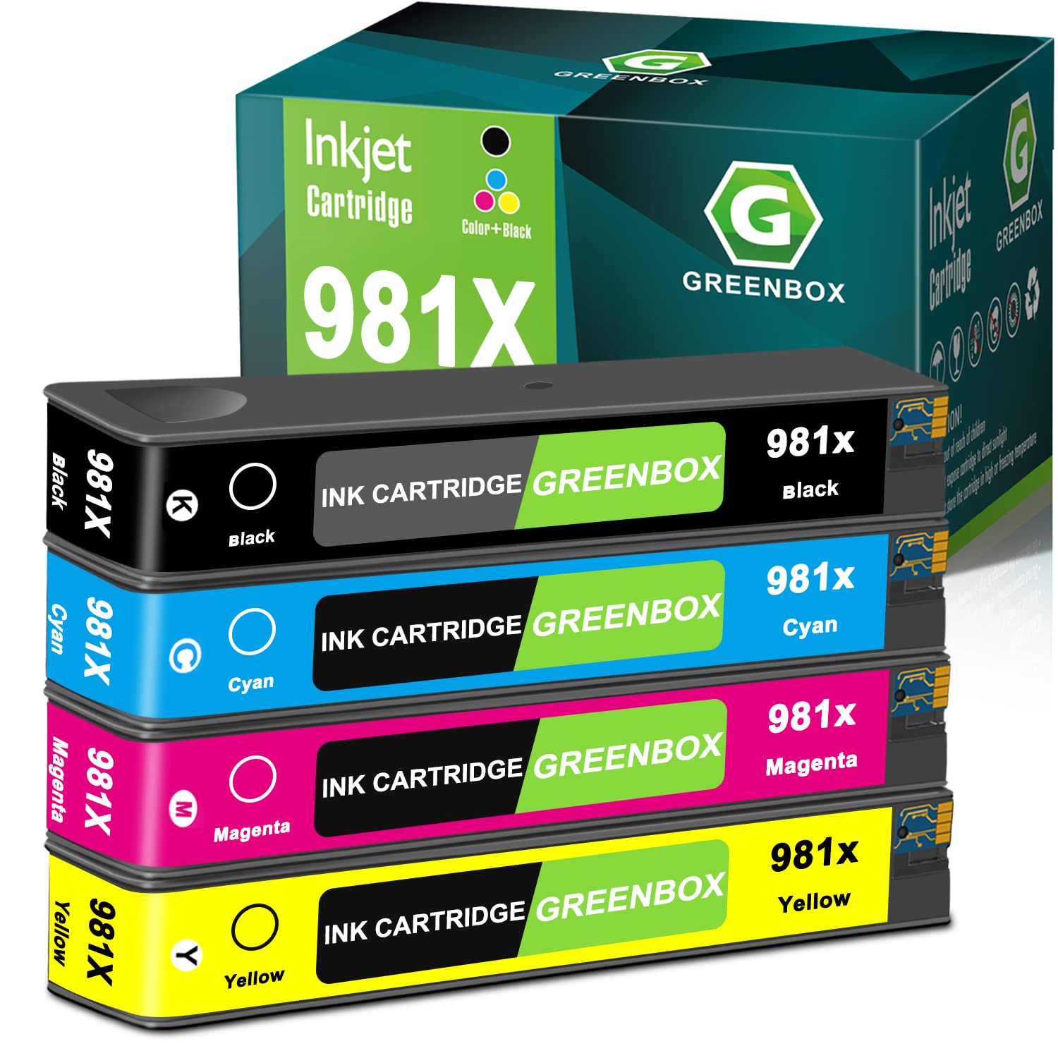 High-Quality GREENBOX 981/981X Compatible Ink Cartridge Replacement for HP 981X L0R12A L0R09A L0R10A L0R11A - Works with PageWide Enterprise Color 556 556dn 556xh & MFP 586 586z 586dn 586f Printers - 4-Pack - Ideal for Office, Business & High-Volume Printing Needs