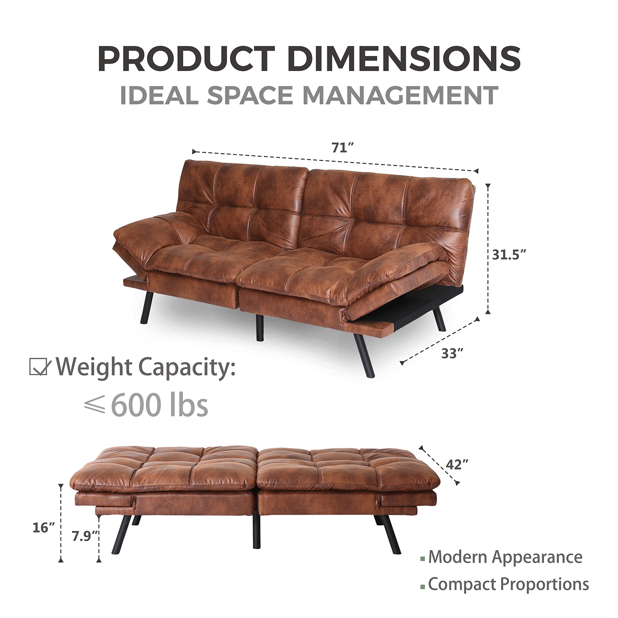 Convertible Memory Foam Futon Sofa Bed - Modern Folding Sleeper Couch for Small Spaces, Brown PU Leather | Perfect for Studio Apartments, Guest Rooms & Compact Living Areas