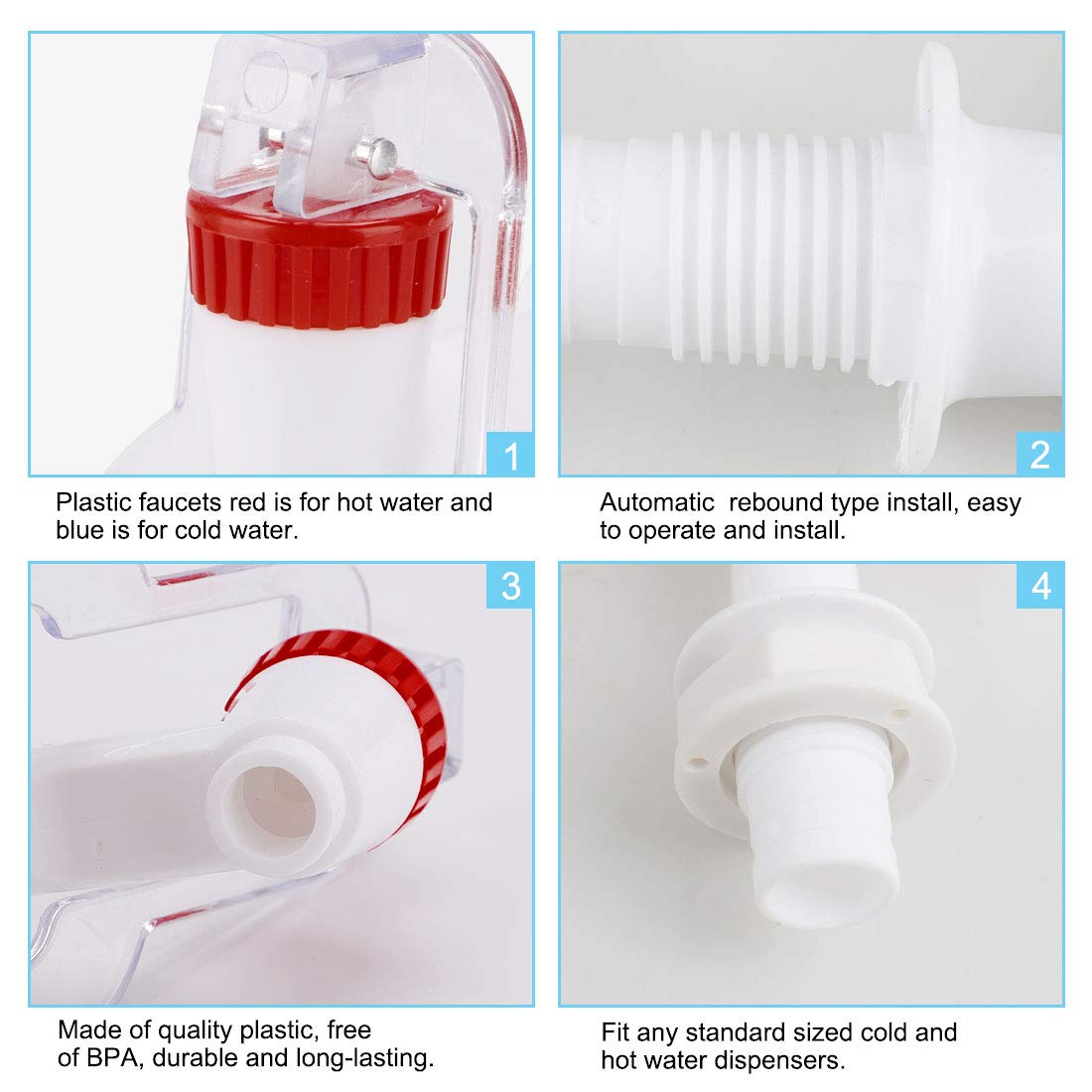 uxcell Red and Blue Plastic Water Cooler Faucet - Hot & Cold Water Dispenser Spigot with Adapter (2 Pack) - Perfect for Office, Home, or Commercial Water Cooler Replacements