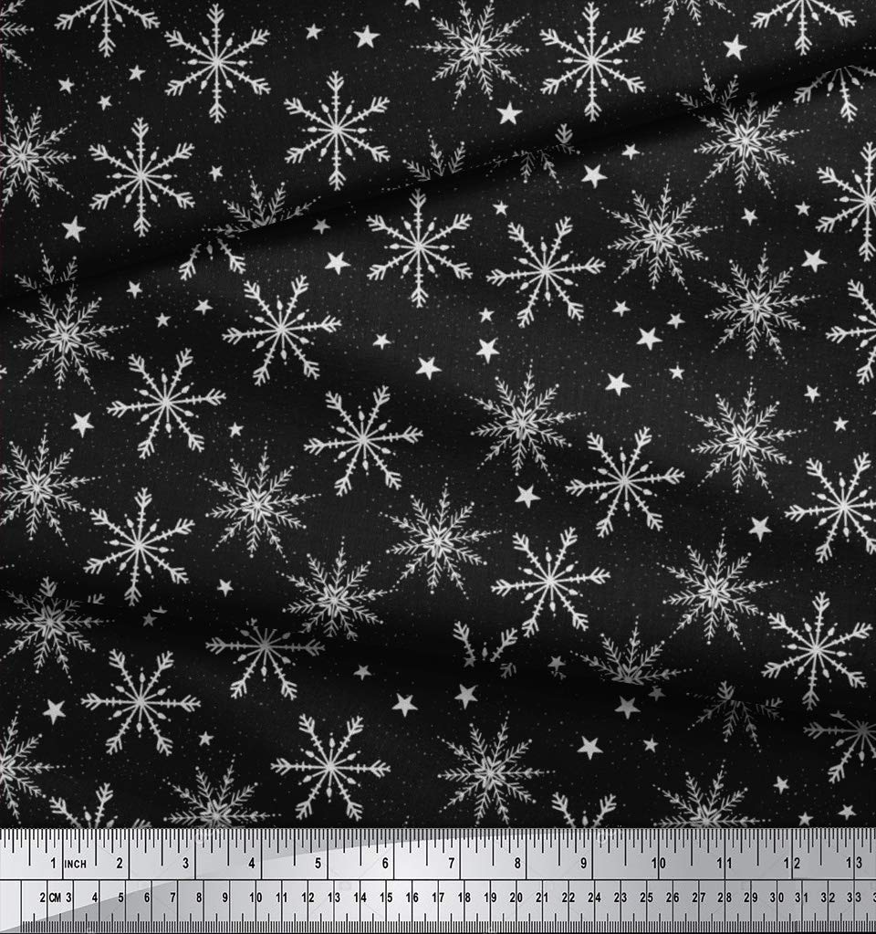 Soimoi Moss Georgette Black Fabric by The Yard - 42 Inch Wide Printed Fabric with Snowflakes & Stars Pattern - Winter Whimsy Design for Dresses, Scarves, DIY Crafts and Home Decor