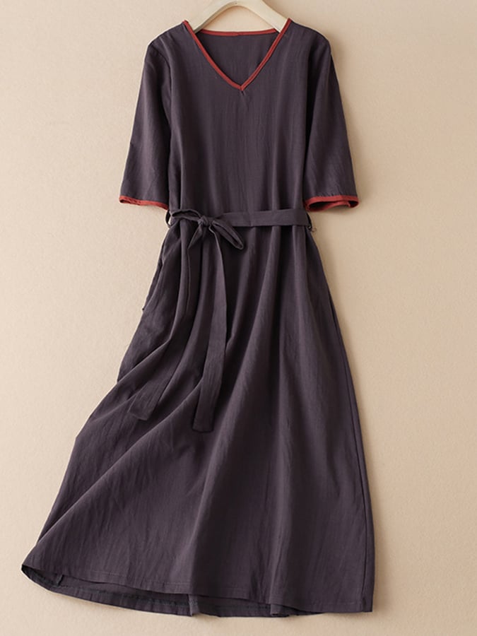 Lovevop Women's Cotton Linen Blend Solid Color Tie Front Short Sleeve Midi Dress - Casual Summer Outfit for Beach, Brunch & Vacation