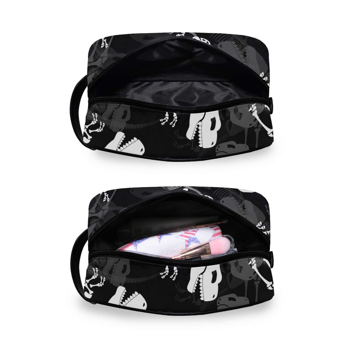 Dinosaur Skeleton Travel Toiletries Bag - Portable Cosmetic Makeup Organizer Pouch for Women - Perfect for Camping, Gym & Airplane Carry-On (Black, 912P)