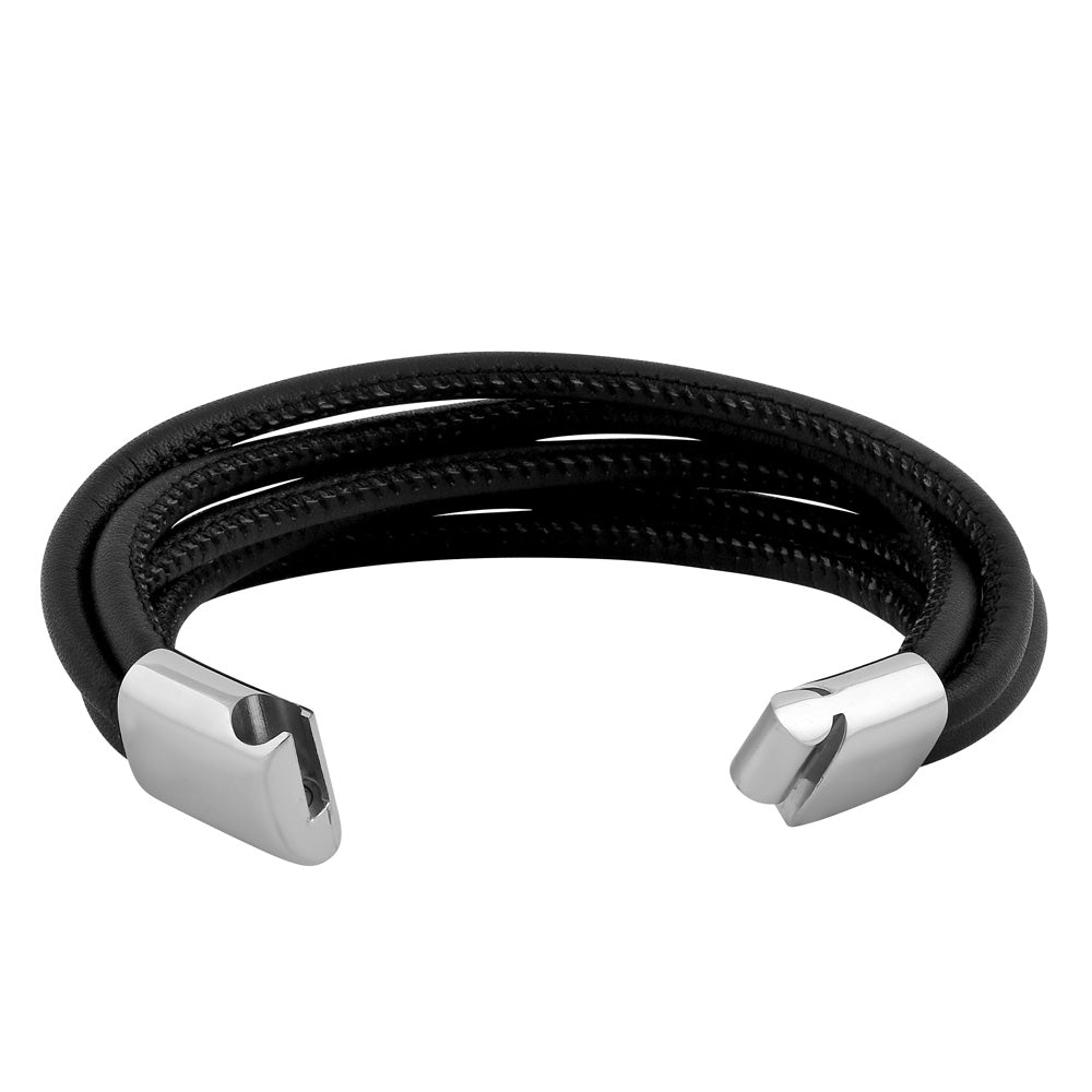 Stainless Steel Layered Black Leather Bracelet for Men - Durable Fashion Jewelry for Casual & Formal Wear - Perfect Gift for Him