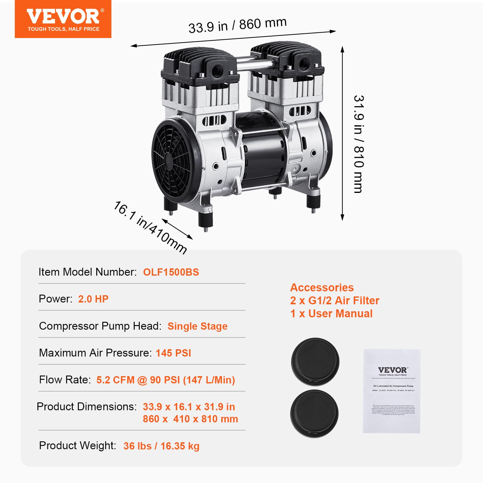 VEVOR 2HP Oil-Free Air Compressor Pump - 5.2CFM @ 90PSI, Max 145PSI Pressure, 78dB Ultra Quiet Motor for Auto Repair, Tire Inflation, Spray Painting & Woodworking | Portable Air Compressor for Garage, DIY Projects & Home Use