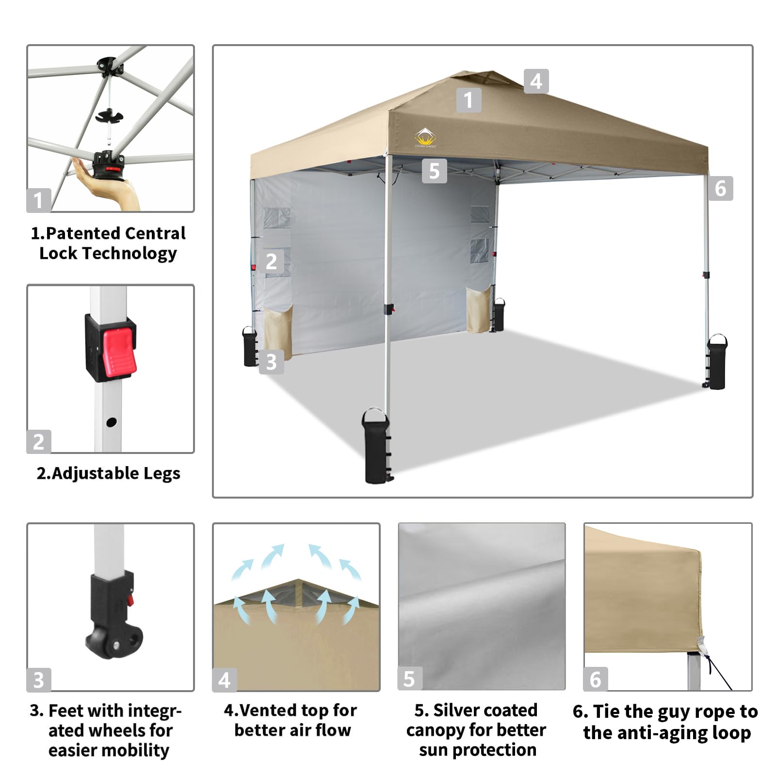 10x10 Pop Up Canopy Tent with Sidewalls & Pockets - Portable Instant Sun Shelter for Camping, Beach, Backyard & Outdoor Events - Easy One-Person Setup with Center Lock - Beige CROWN SHADES Canopy