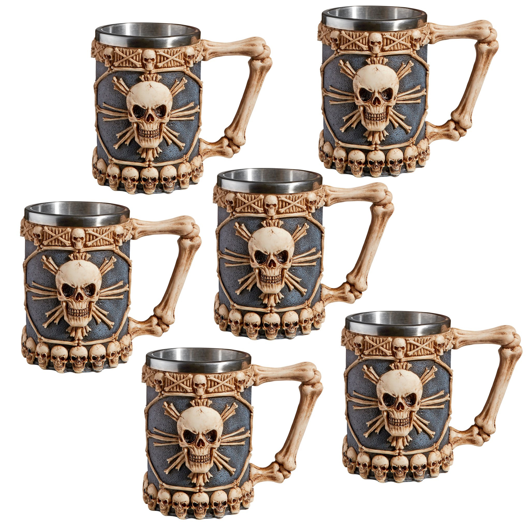 Design Toscano Skullduggery Tankard Mug - Set of 6 Gothic Beer Steins with Bone Handle, Halloween & Medieval Themed Drinking Cups for Parties, Home Bar Decor, and Unique Gift Ideas