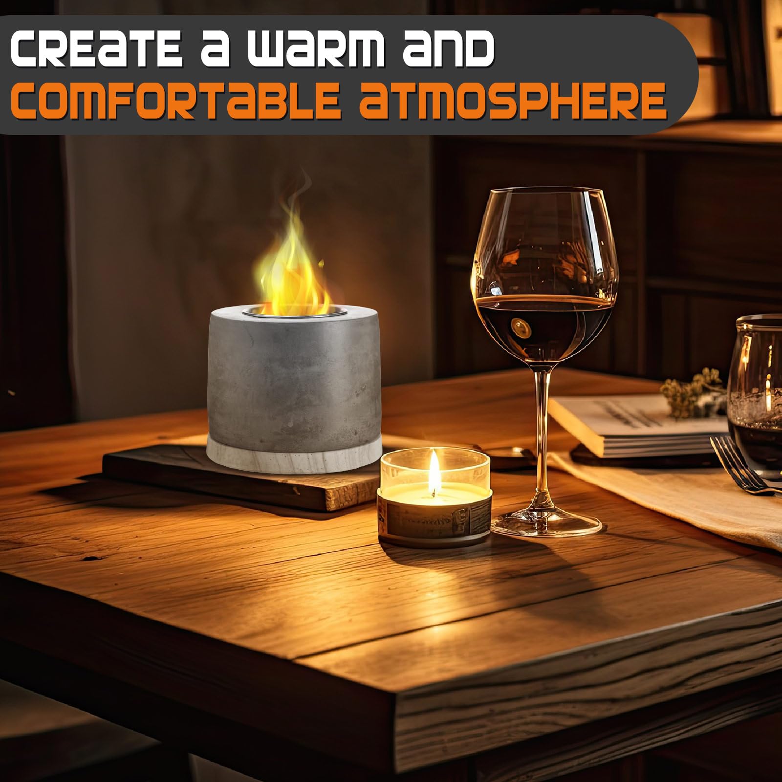 3 Pack Concrete Tabletop Fire Pit Bowl - Indoor/Outdoor Ethanol Fireplace for Patio, Balcony, Deck with Extinguisher Cover & Felt Cushion - Perfect for Smores Making, Ambiance, and Outdoor Gatherings
