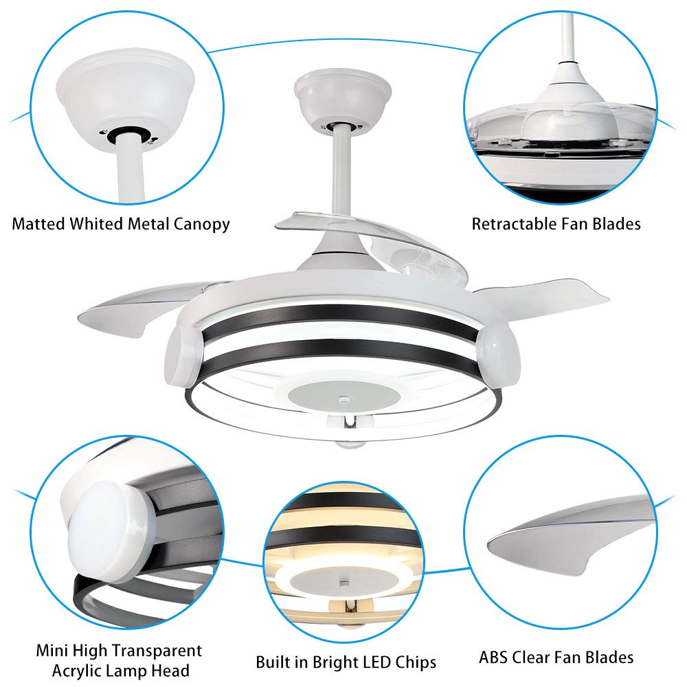 DLLT Modern 30W Retractable 3-Blade LED Ceiling Fan with Remote Control, Color Changeable (3000K-6000K) & Timer - Low Profile Chandelier Fan for Living Room, Bedroom, Dining Room - Perfect for Home Cooling and Ambient Lighting