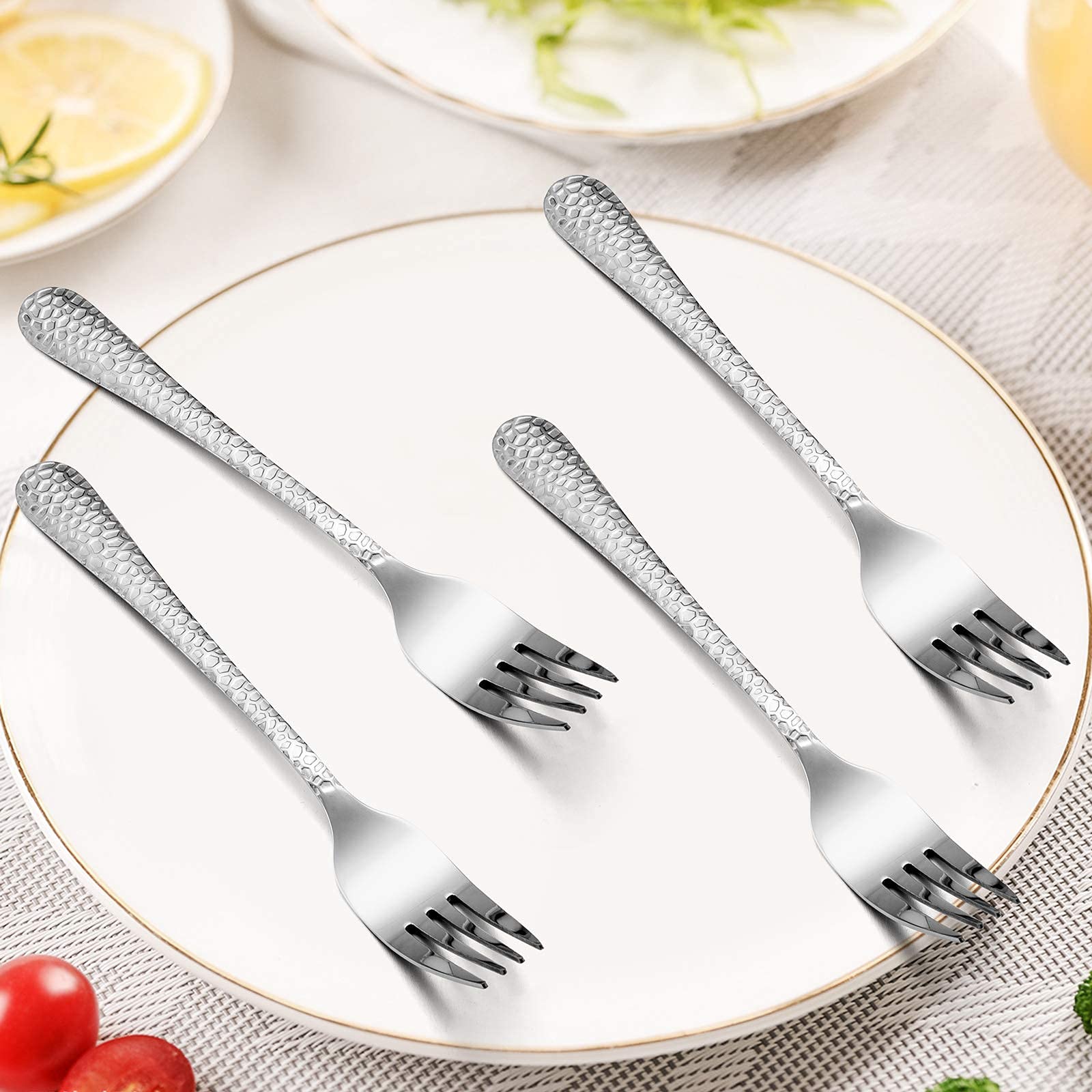 Hammered Salad Forks Set of 6 - Premium Stainless Steel Appetizer & Dessert Forks, Mirror Finish Silverware Flatware, Dishwasher Safe (6.7 Inches) - Perfect for Dinner Parties, Weddings & Fine Dining