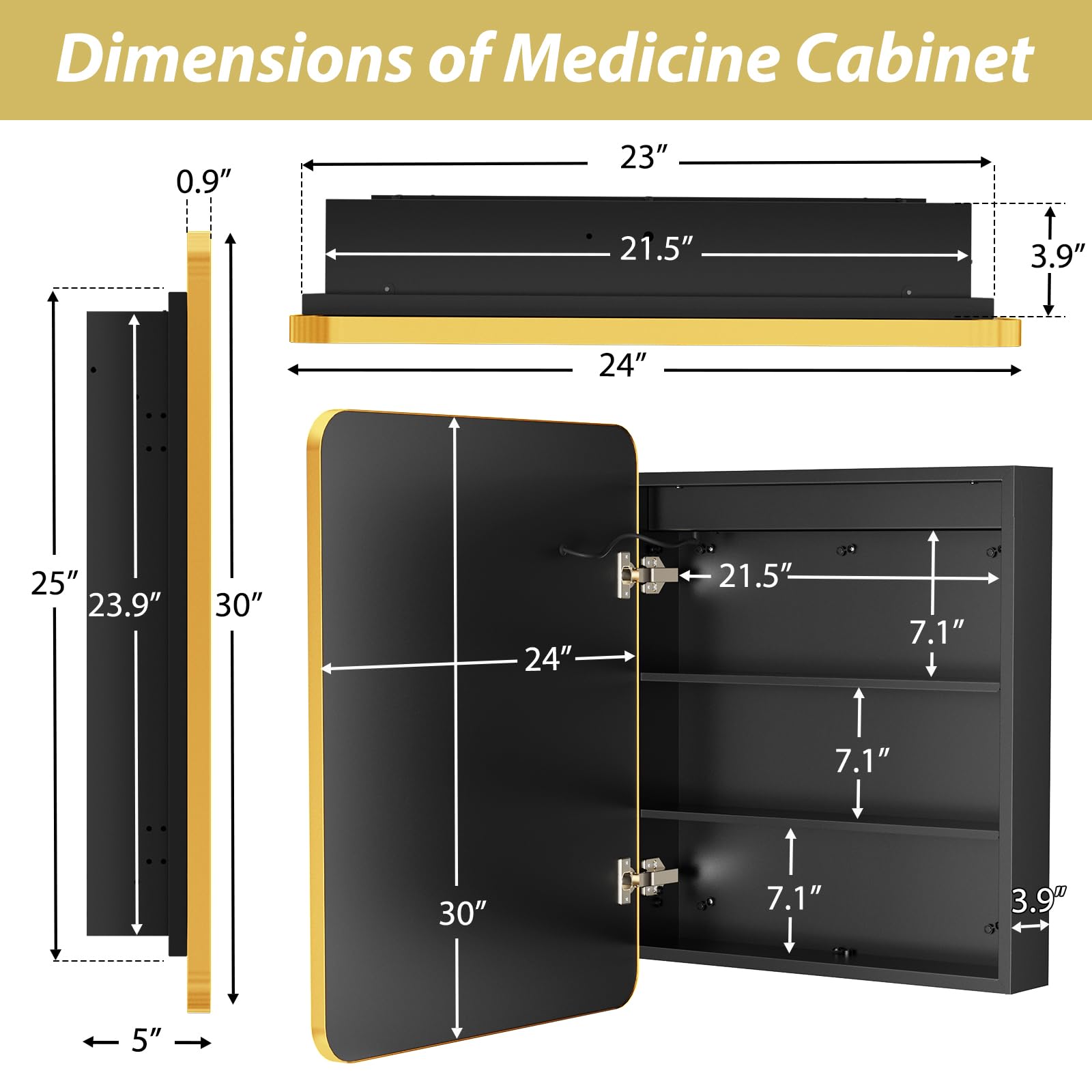 APRILSOUL 24x30 Inch Gold Bathroom Medicine Cabinet with Mirror - Recessed/Surface Mount LED Mirror Cabinet with Adjustable Color Temperature (3000K/4000K/6000K) & Dimmable Lighting - Perfect for Modern Bathrooms, Vanities, and Makeup Areas