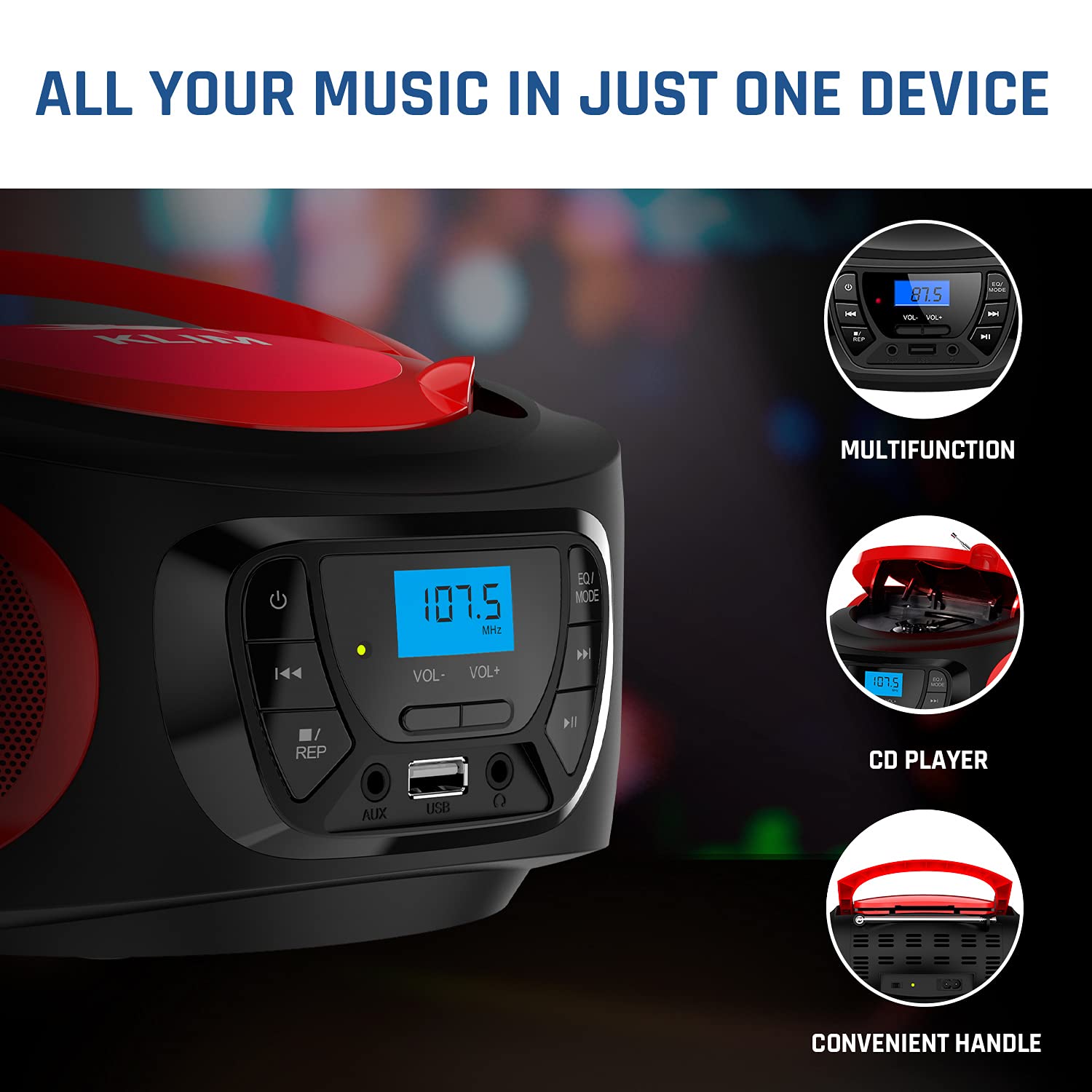 KLIM Boombox Portable Bluetooth Speaker with FM Radio, CD Player, MP3 & USB Playback - Rechargeable Battery, Wired/Wireless Modes - Compact Sturdy Design (Red) - Perfect for Outdoor Parties, Beach Trips & Home Entertainment