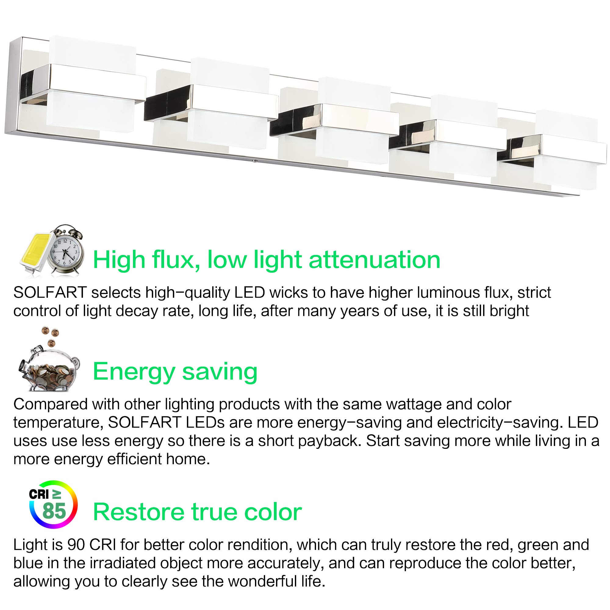 SOLFART 5-Light Chrome Modern LED Bathroom Vanity Light - 34 Inch Dimmable White Light Fixture for Mirror - Perfect for Bathroom, Powder Room & Dressing Area Makeup Lighting