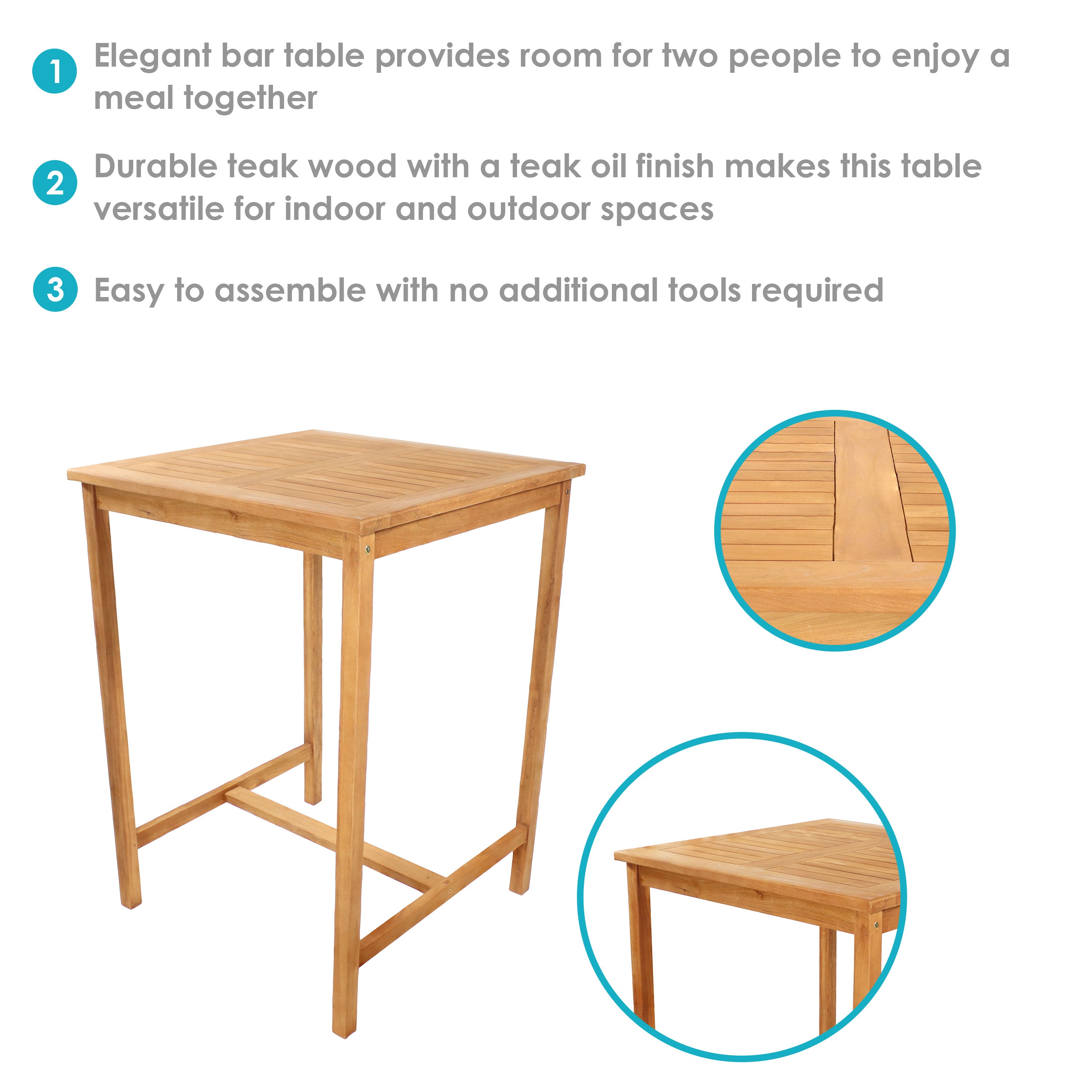 Premium Sunnydaze Teak Wooden Bar Table - 31 Inch Square Outdoor Patio Furniture for Backyard, Deck, and Poolside Relaxation