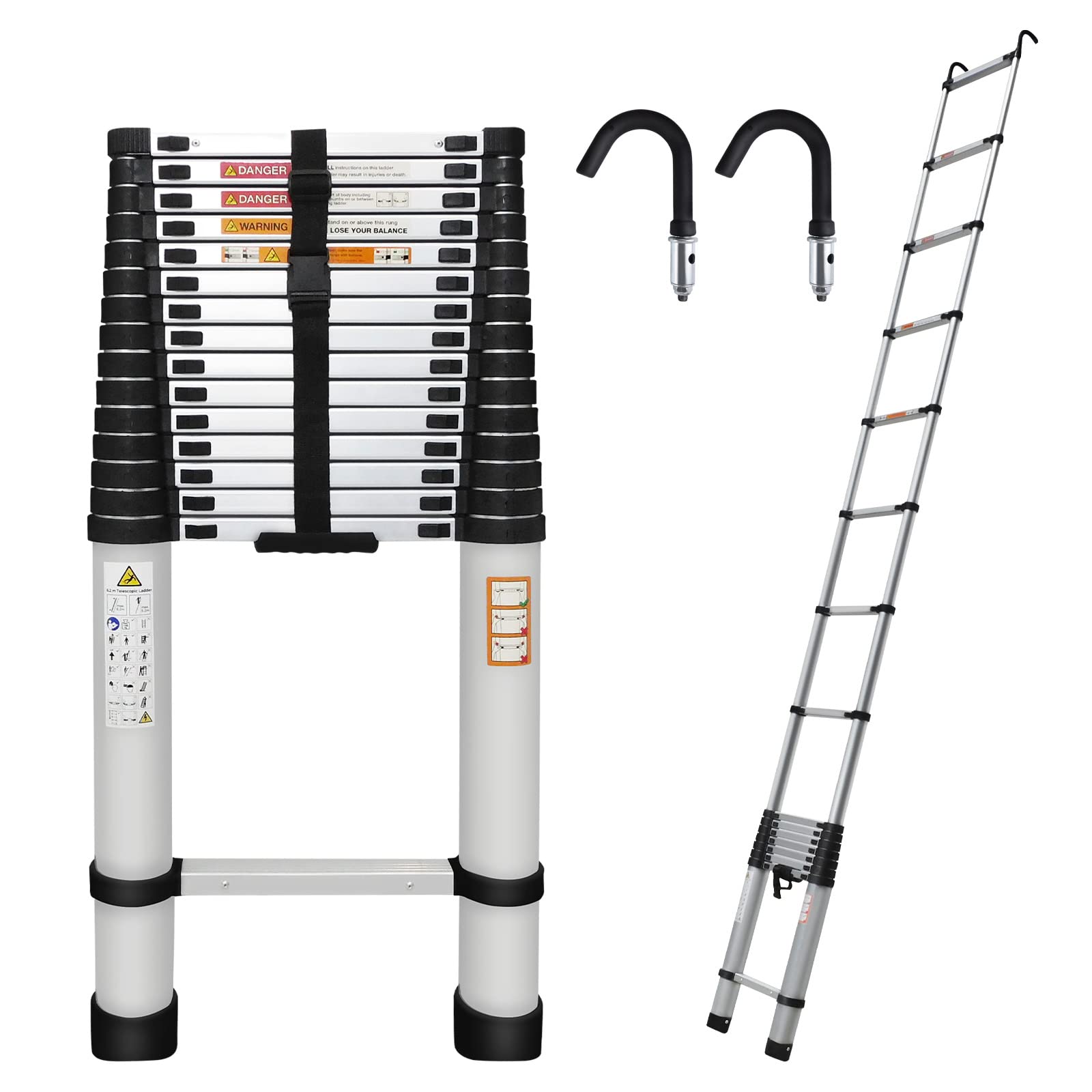 20.3ft Aluminum Telescoping Ladder - Lightweight Portable Extension Ladder with 2 Detachable Hooks, 330lbs Load Capacity EN131 Certified - Perfect for Home, Office, Attic, Roof Work & Outdoor Projects - Folded Height 3.4ft for Easy Storage