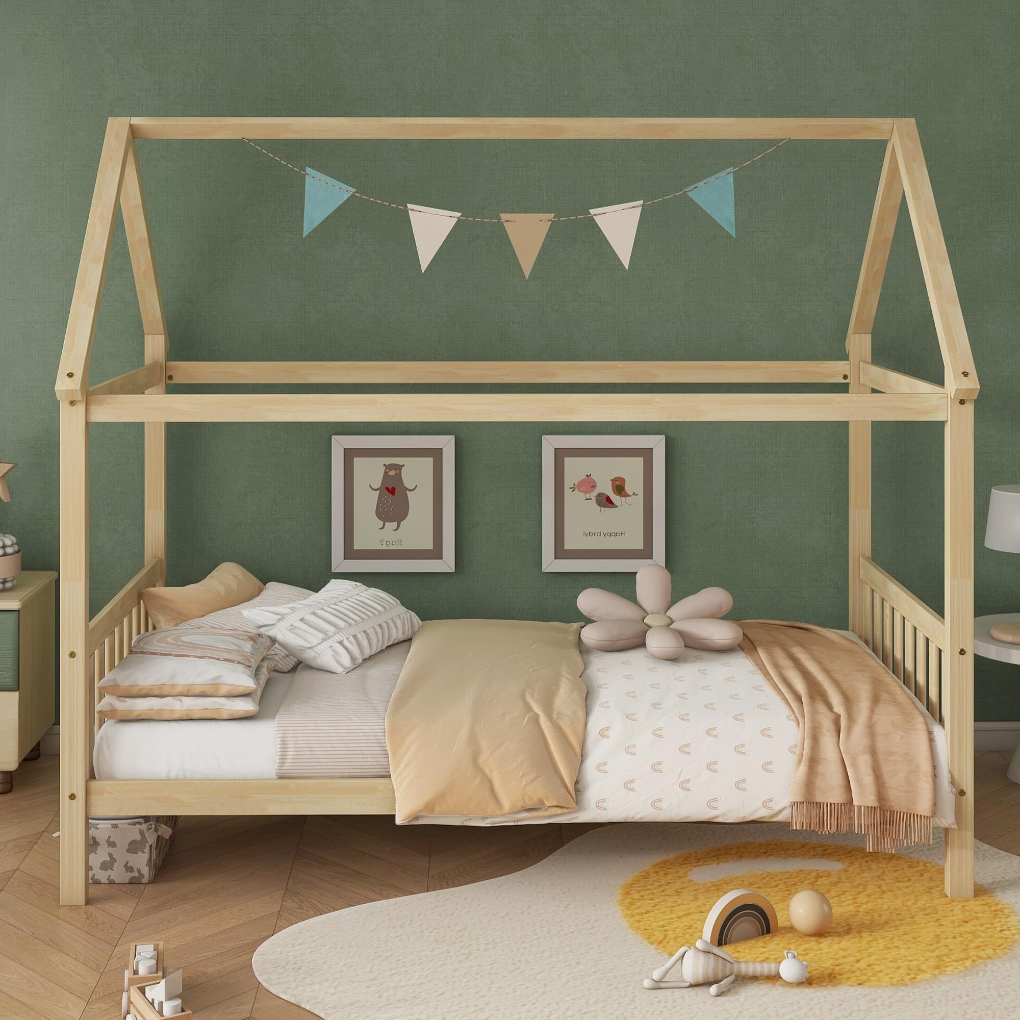 Montessori Twin Size House Bed for Kids - Solid Rubber Wood Platform Bed with Headboard, Footboard & Roof - Low Profile Bed Frame for Girls, Boys & Teens - Natural Wood Finish - Perfect for Bedrooms, Playrooms & Montessori Learning Spaces