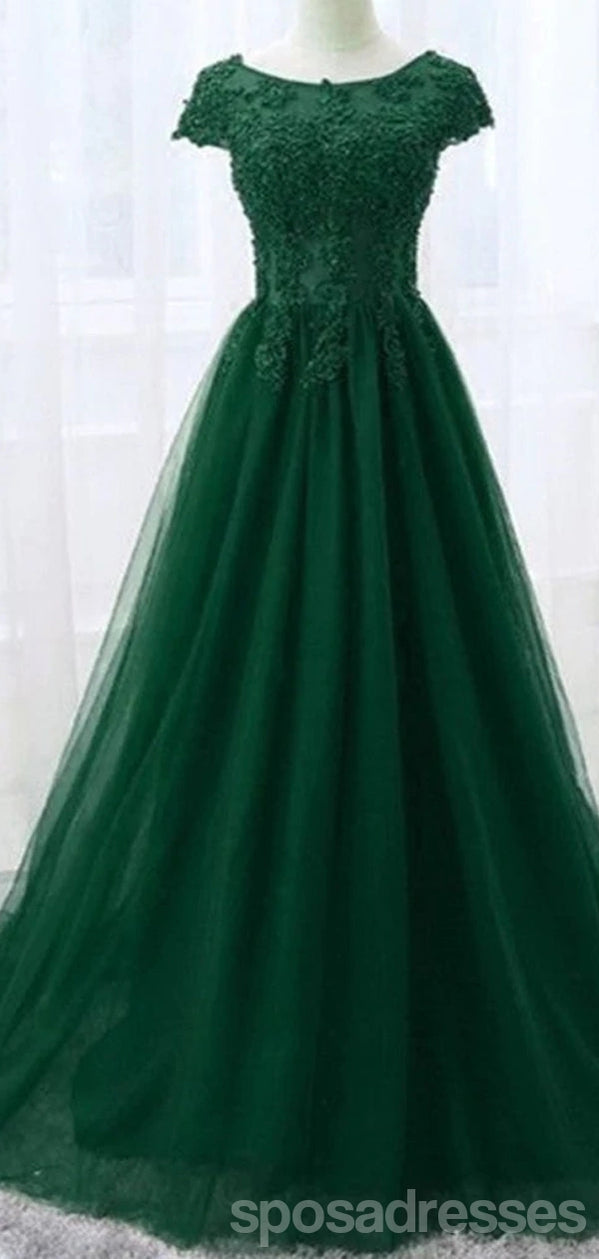 Emerald Green A-Line Short Sleeve Prom Dress with Jewel Neckline - Elegant Long Formal Gown for Homecoming, Prom Night & Special Occasions
