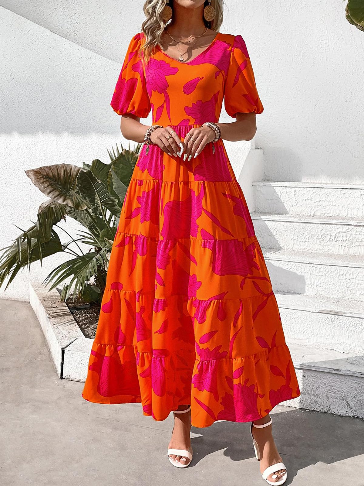 PRETTYGARDEN Women's Floral Summer Maxi Dress 2025 - Puff Sleeve, Smocked Backless, Flowy Tiered Design for Beach, Vacation & Casual Wear | Boho Chic Dress for Outdoor Parties, Date Nights & Summer Getaways