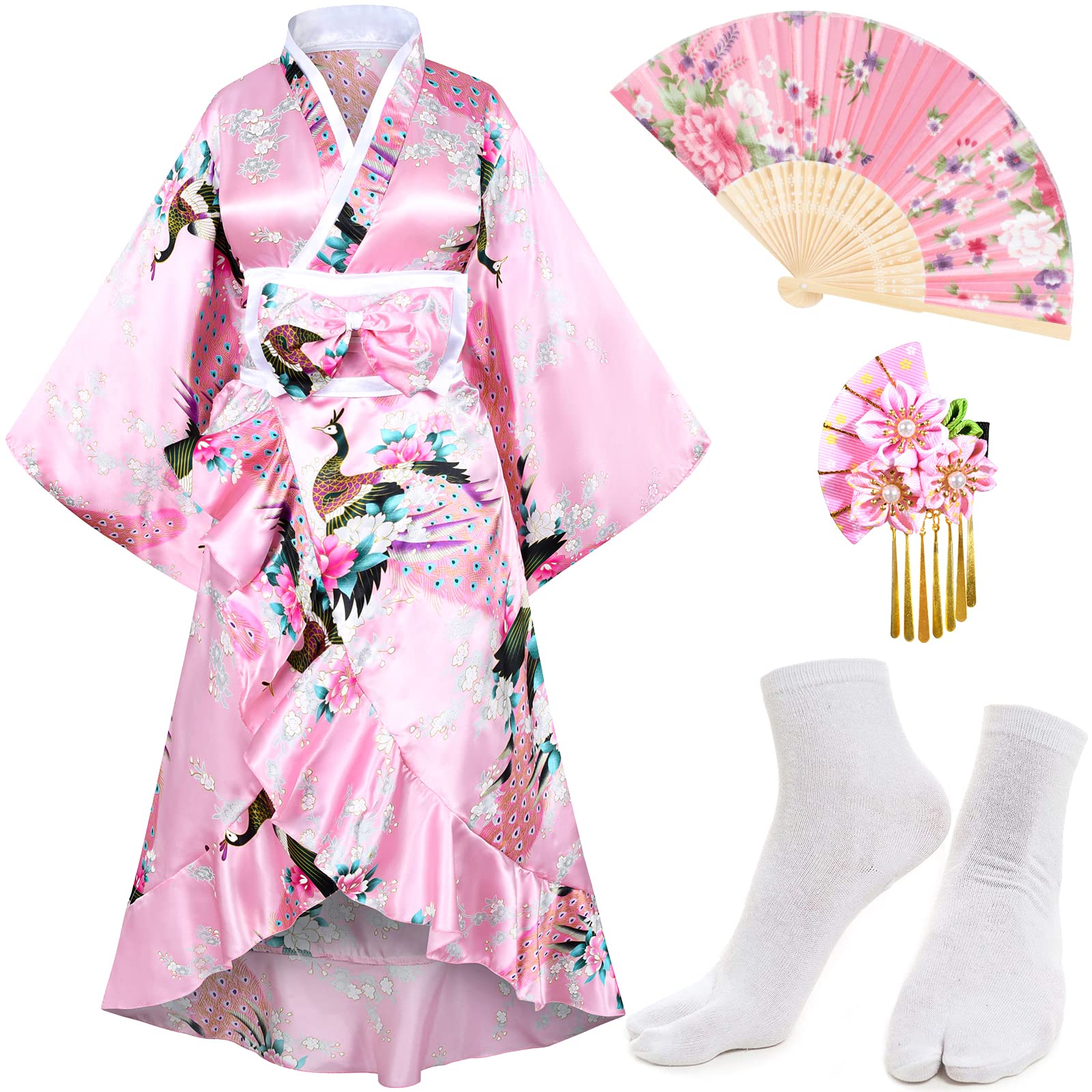 Women's Kimono Robe & Yukata Dress Set - Floral Satin Bathrobe with Ruffle Sleeves & Tabi Socks - Japanese Geisha Style Sleepwear for Spa, Lounge & Cosplay