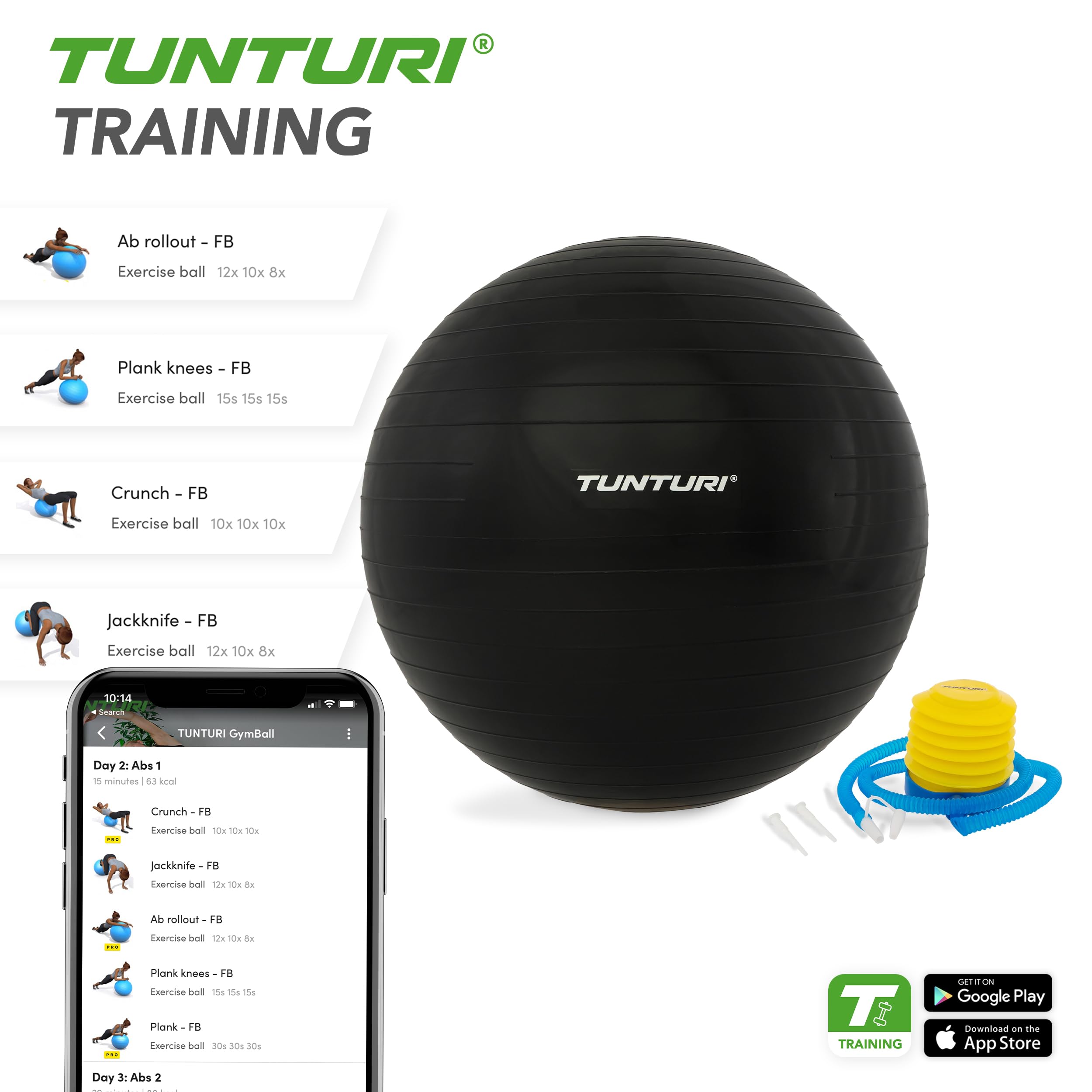 Tunturi Anti-Burst Exercise Ball for Yoga, Pilates, Core Workouts & Home Fitness - 65cm Stability Ball with Pump for Balance Training & Stretching