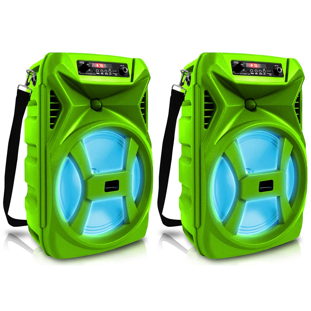 Technical Pro (Qty 2) 500W Portable 8-Inch Bluetooth Speaker with Woofer & Tweeter - Wireless PA System with LED Lights, Bluetooth/USB/SD Card Inputs, True Wireless Stereo - Perfect for Outdoor Parties, Festivals & Home Use (Green)