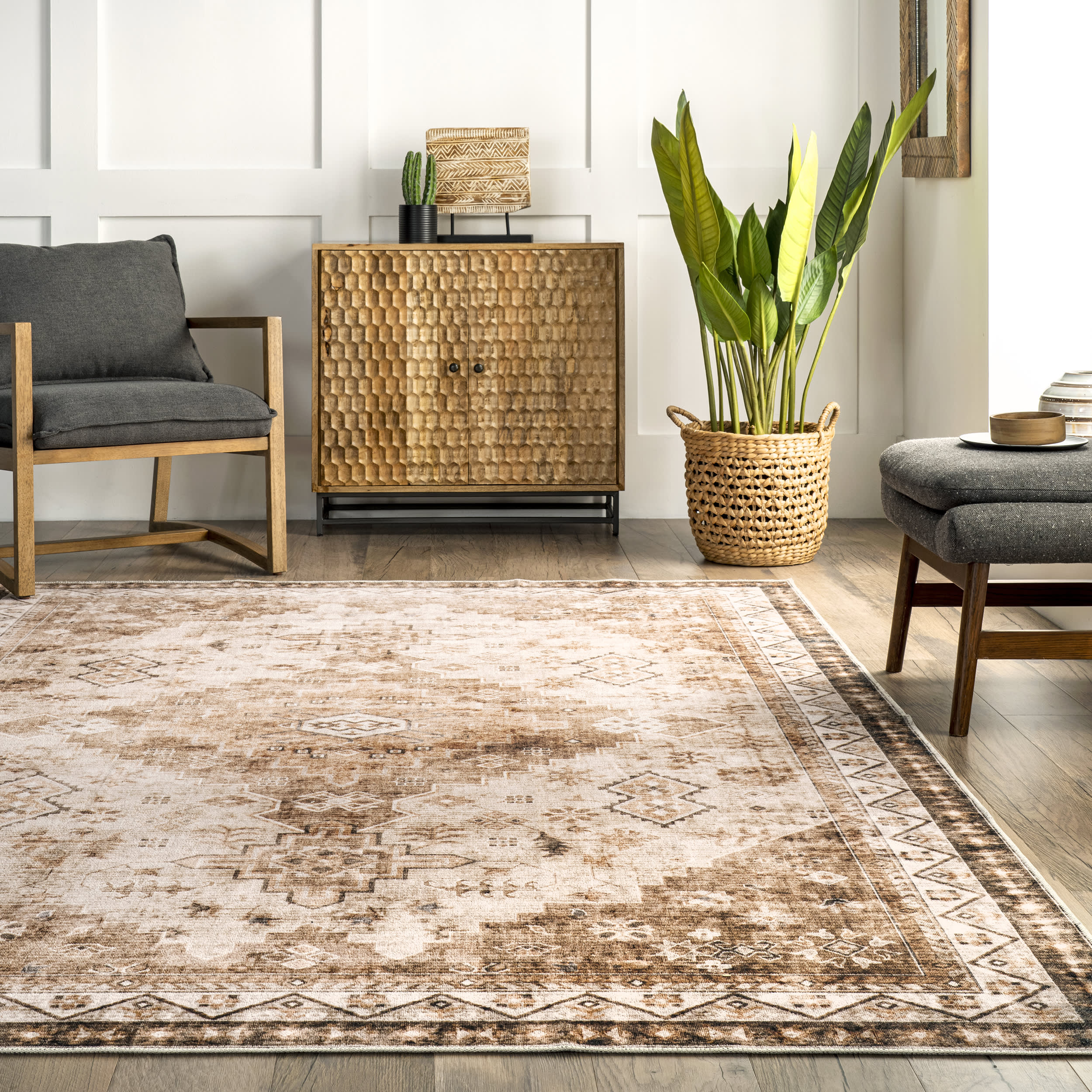 Jessamine Spill Proof Washable Geometric Area Rug - Non-Slip Beige Living Room Rug for Home Decor, Bedroom, Nursery & Office