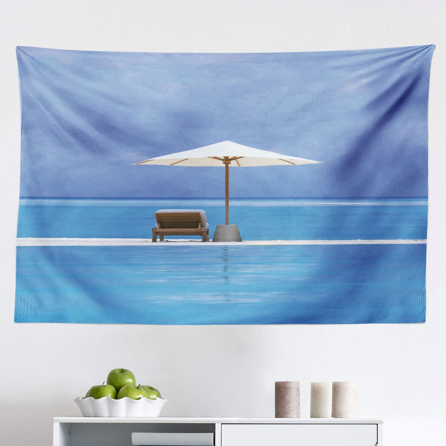 Ambesonne Coastal Tapestry - Ocean Seascape Wall Art with Beach Chairs & Umbrella, 45x30 Inch Blue Beige Fabric Wall Hanging for Bedroom, Living Room, Dorm Decor | Perfect for Beach House, Vacation Rental & Boho Home Styling