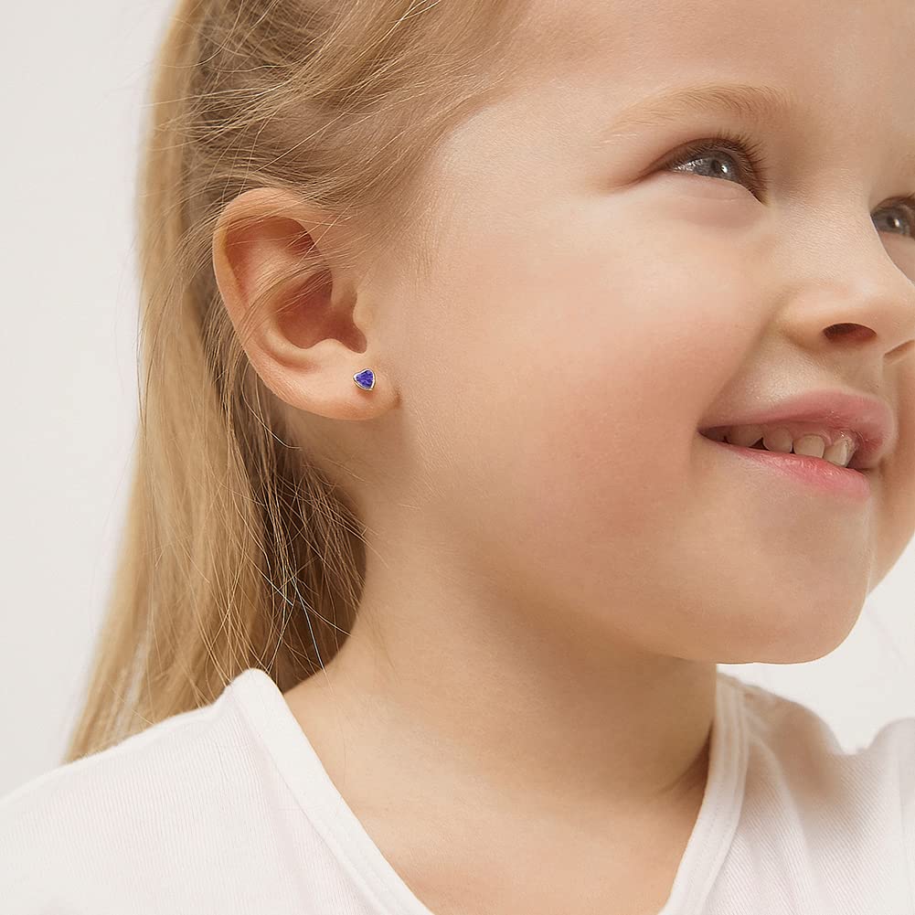 14K Yellow Gold 4mm Bezel Set Heart Cubic Zirconia Screw Back Earrings for Baby Girls, Toddlers & Young Girls - Hypoallergenic Kids Earrings with Secure Locking Screw Backs | First Ear Piercing Gift, Birthday Present, Special Occasion Jewelry