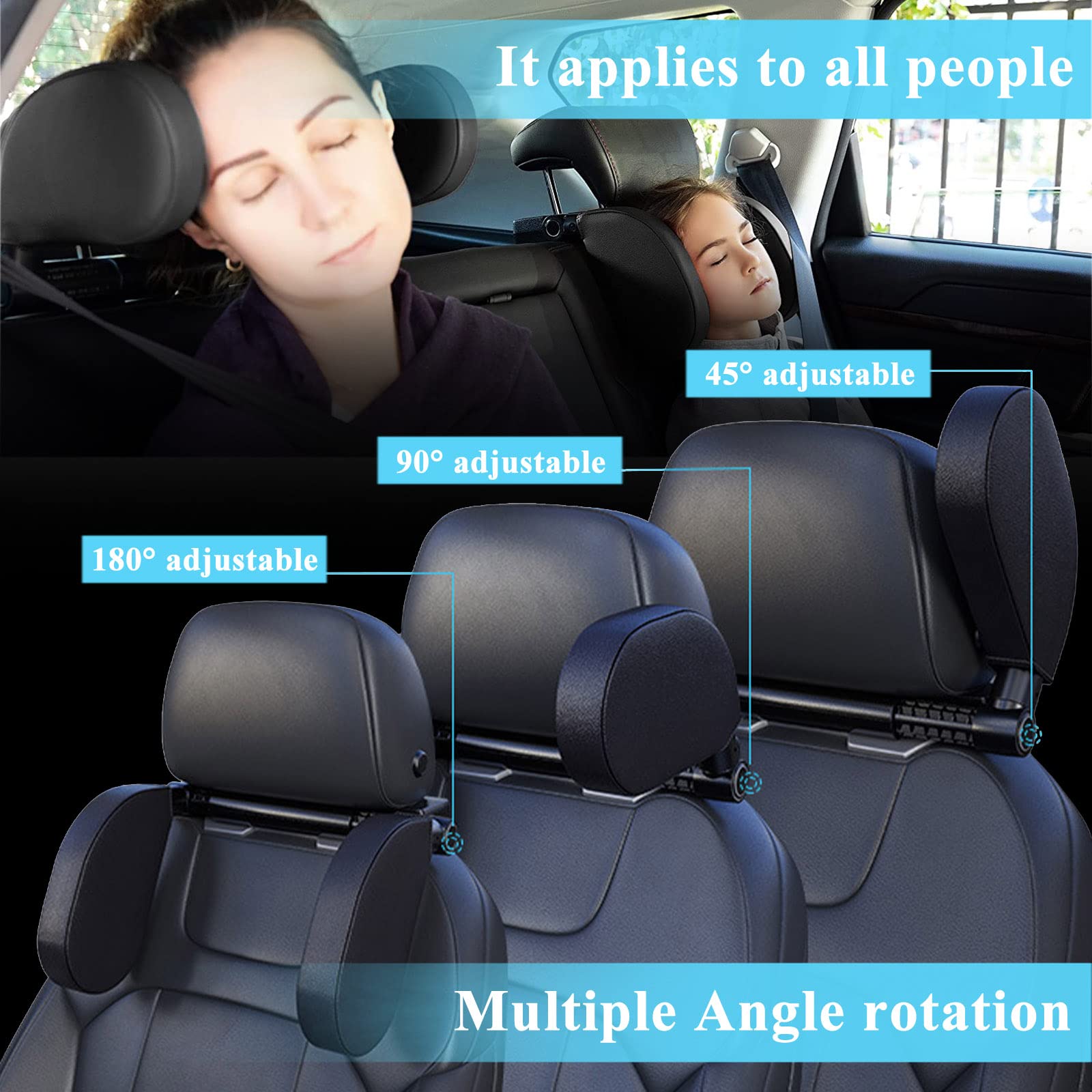 180 Degrees Adjustable Car Headrest Pillow - Memory Foam Neck Support for Adults & Kids - Travel & Road Trip Sleeping Aid - Universal Fit for Cars, SUVs & Booster Seats (Black) - Perfect for Long Drives & Commuting