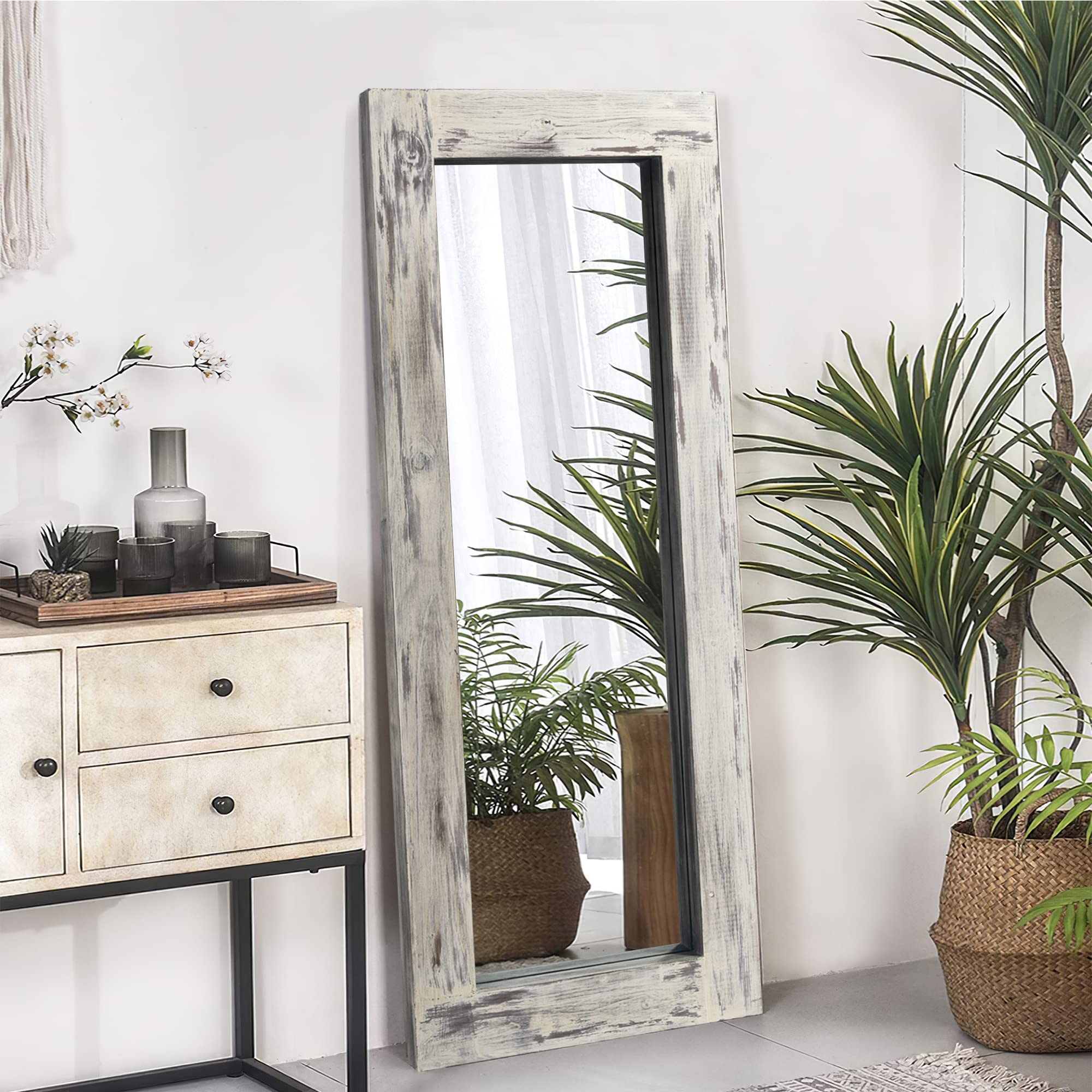MAYEERTY 58x24 Inch Full Length Floor Mirror - Large Rustic Wood Leaning Mirror for Bedroom, Wall Mounted or Freestanding, Weathering White (JJ01327ZZD-USAM027) | Perfect for Dressing Room, Yoga Studio & Home Decor