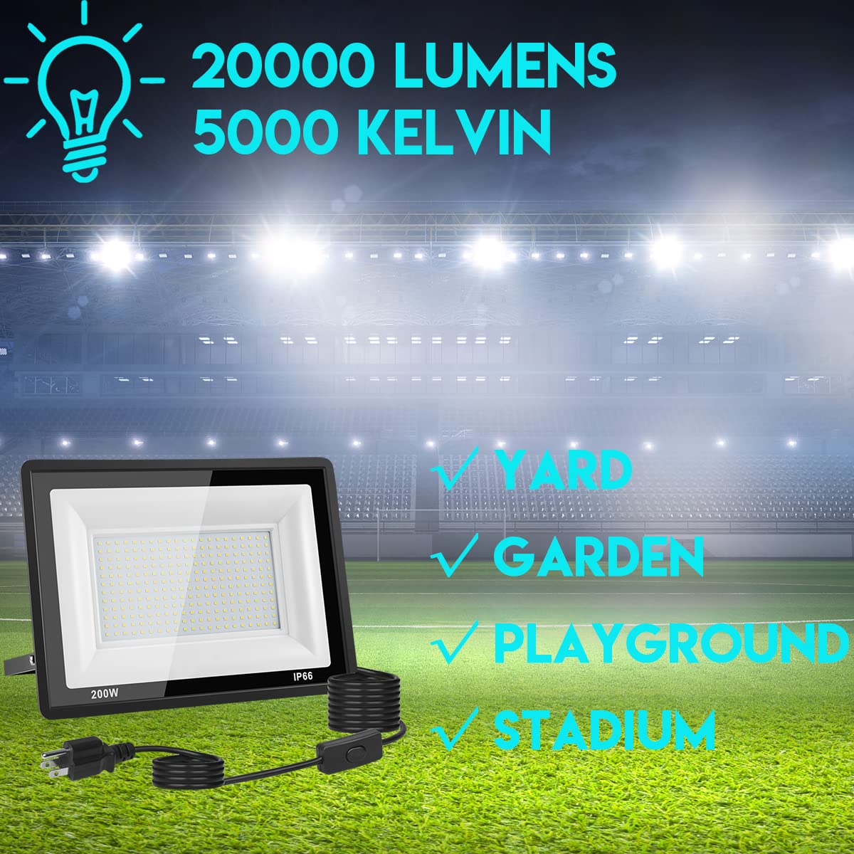 200W LED Flood Light Outdoor 3-Pack - 20000LM High Brightness Waterproof Work Light with Plug & Switch - IP66 Security Lighting for Yard, Garage, Warehouse (5000K Daylight White) - Perfect for Construction Sites, Parking Lots & Emergency Lighting