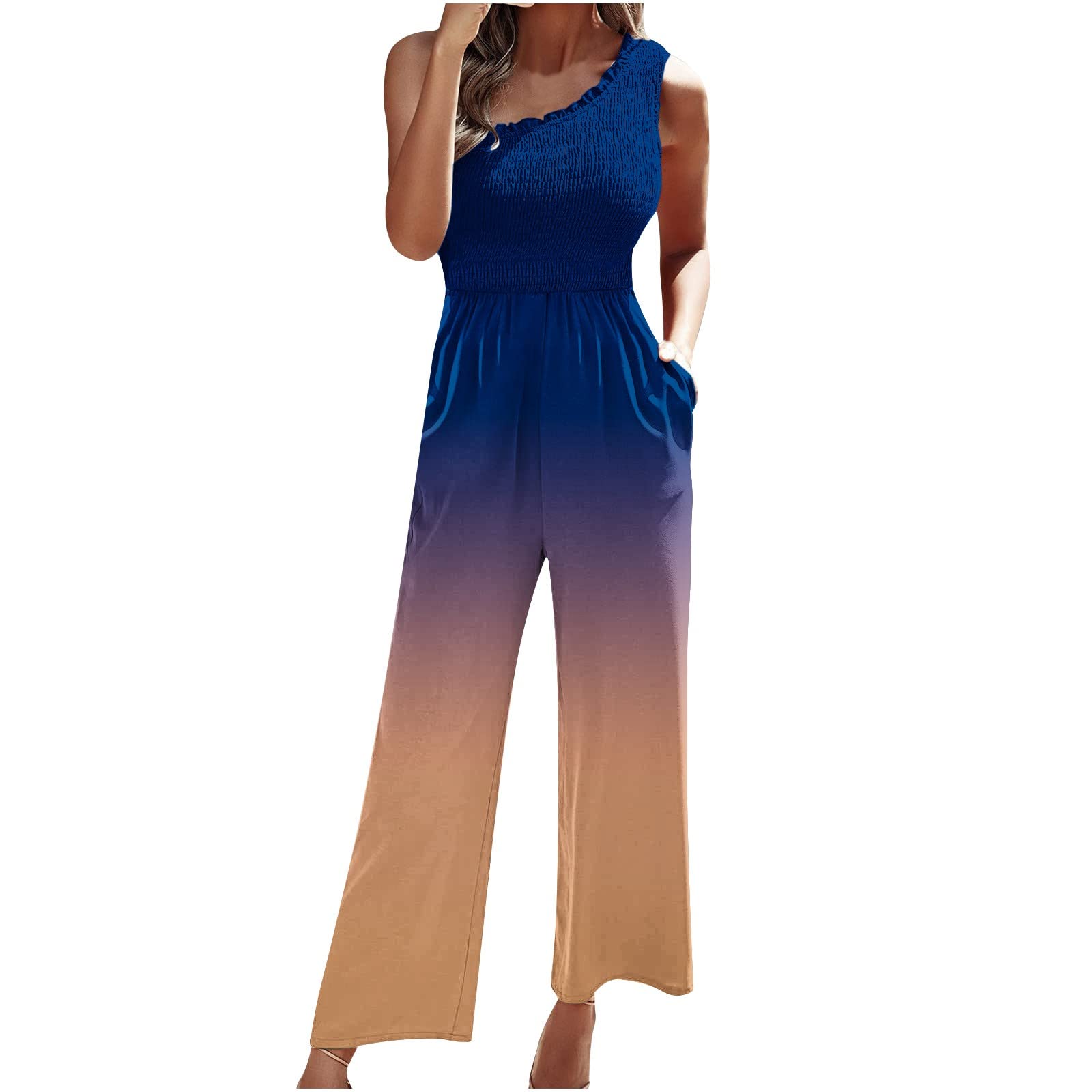 HUERTOP Women's Navy Blue Print Single Shoulder Strap Sleeveless Jumpsuit - Stylish Leggings & Packets Design for Yoga, Workout, and Casual Wear