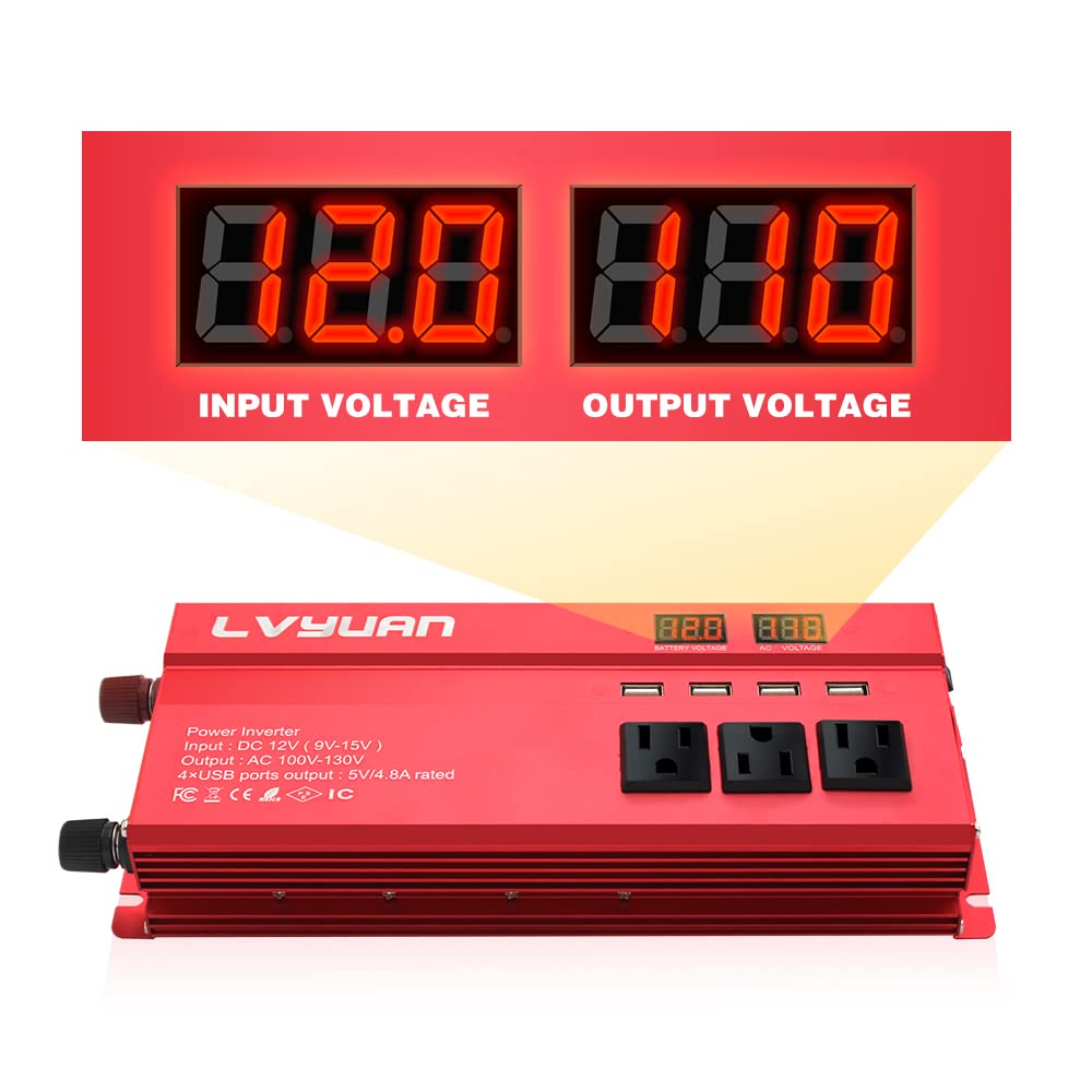 LVYUAN 1000W Power Inverter 12V DC to 110V AC Converter with 3.1A Dual USB Ports, 4 AC Outlets, Battery Clips & Cigarette Lighter Socket - Perfect for Road Trips, Camping, RV, Home & Emergency Power Backup