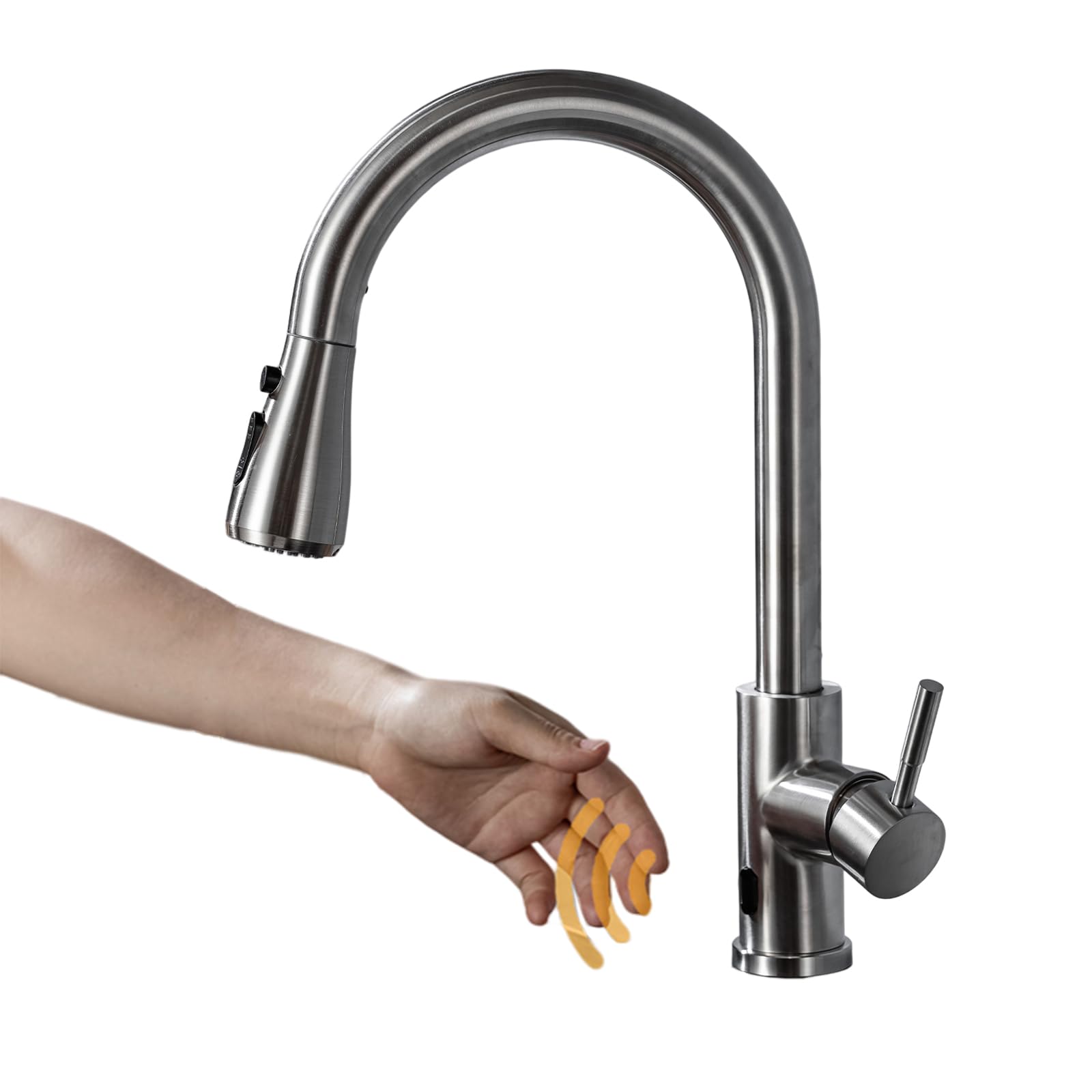 **Touchless Kitchen Faucet with Pull-Down Sprayer - Brushed Nickel, Infrared Sensor, Stainless Steel, Single Handle - Ideal for Modern Kitchens & Hygienic Cooking**