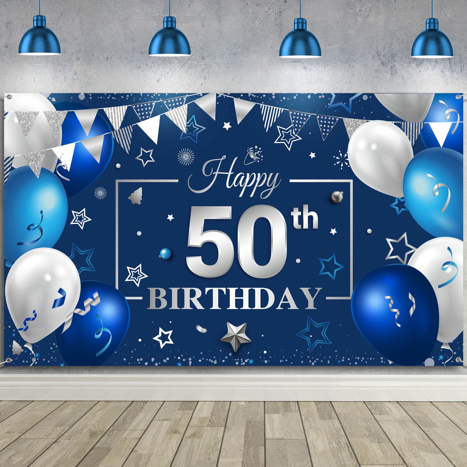 Navy Blue & Silver Happy Birthday Party Backdrop Banner - 50th Birthday Photography Decor for Men & Women, Anniversary Party Photo Props & Supplies - Perfect for Indoor & Outdoor Celebrations, Photo Booths & Social Media Posts