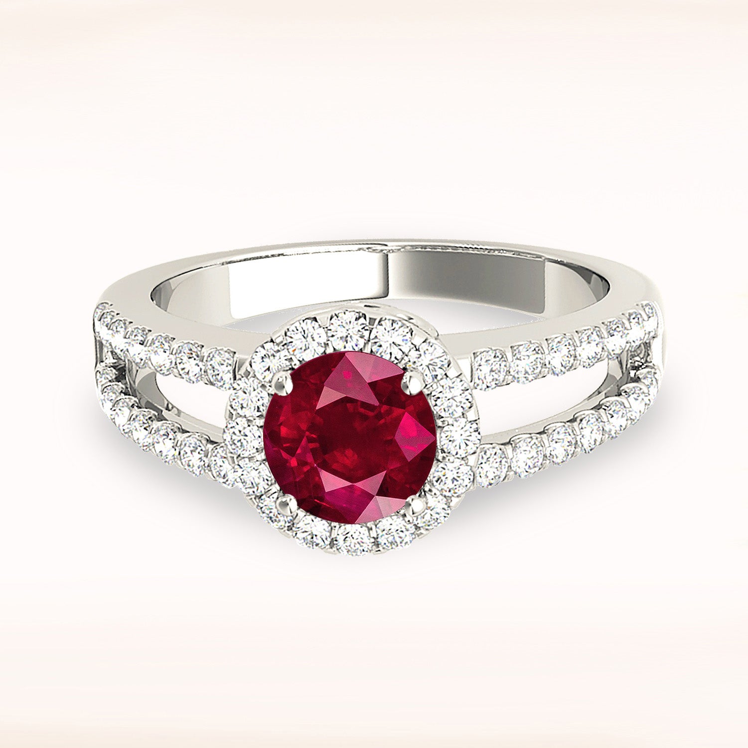 1.45 Carat Genuine Ruby Halo Ring with Open Split Diamond Band - Elegant Engagement, Anniversary Gift for Women