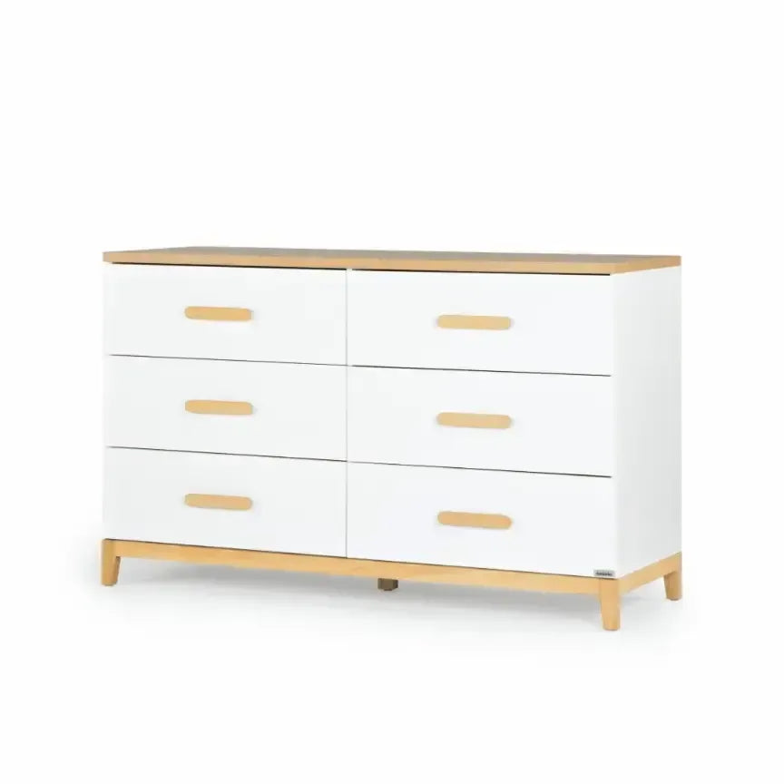 Dadada Lala Big Six Drawer Dresser - White & Red Oak Wooden Chest for Bedroom Storage | Perfect for Nursery, Kids Room or Guest Room Organization