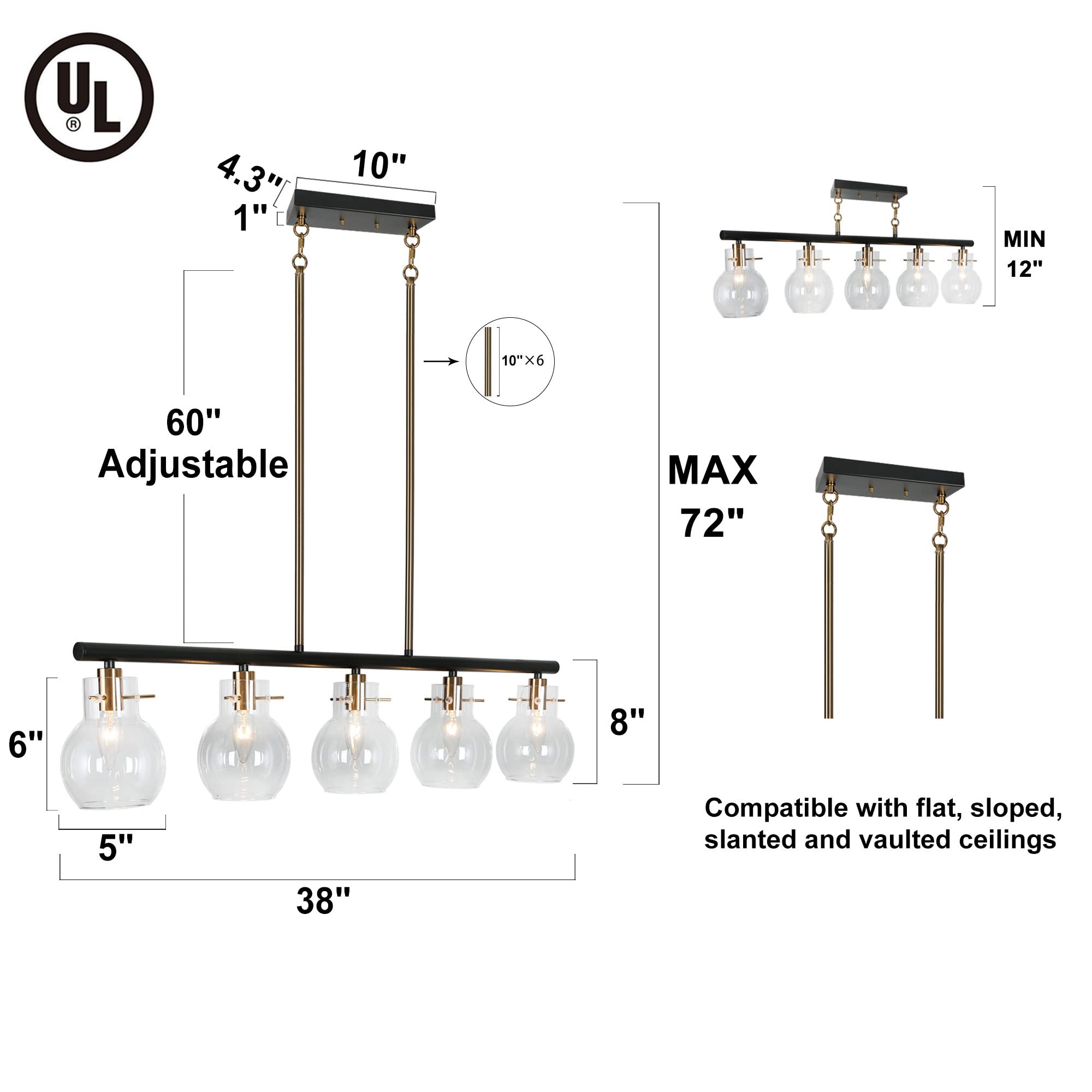 ZEVNI 5-Light Modern Black Chandelier with Clear Glass Globes - 38