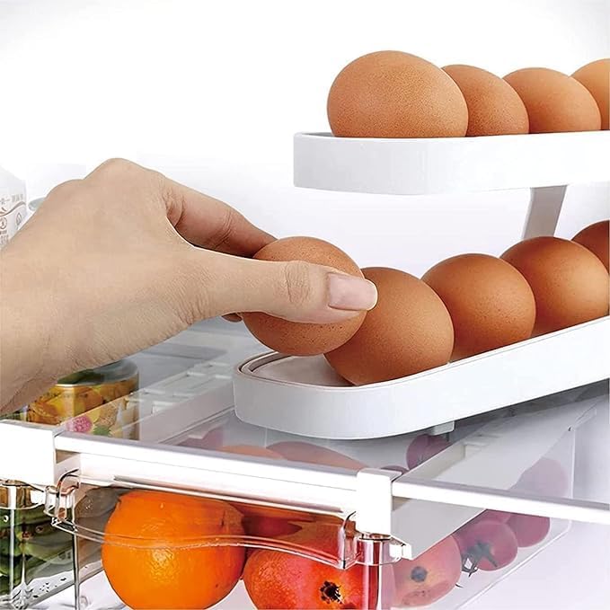 Automatic Rolling Plastic Egg Dispenser Holder - Double Layer Fridge Organizer (12-14 Eggs) - Space Saving Kitchen Storage Container - White Egg Tray for Refrigerator Organization - Perfect for Small Kitchens, Dorms & RVs