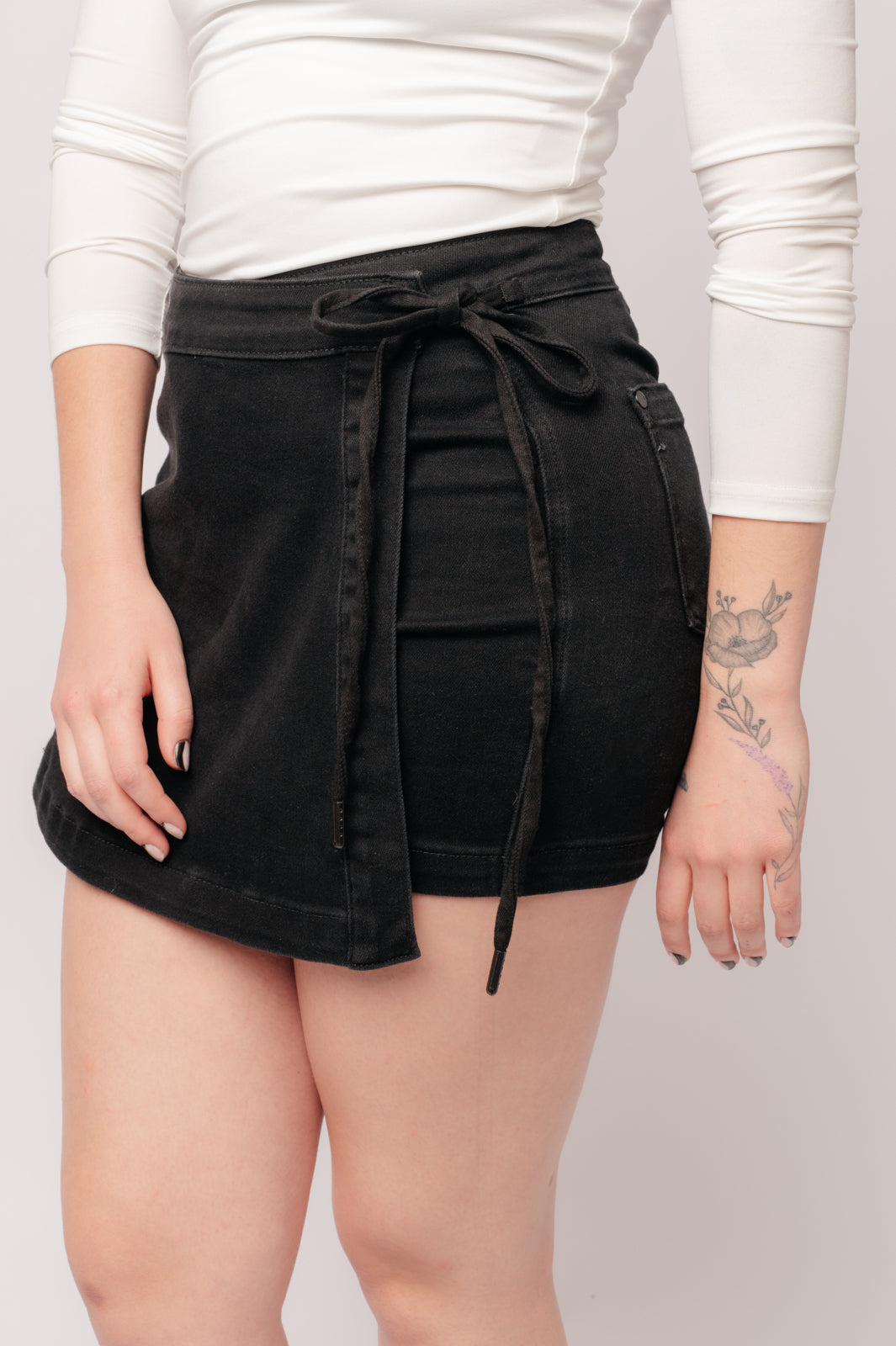 Bentli High Rise Side Tie Denim Skort - Black Stretchy Denim Skirt Shorts for Women | Casual Outfits, Summer Fashion & Street Style