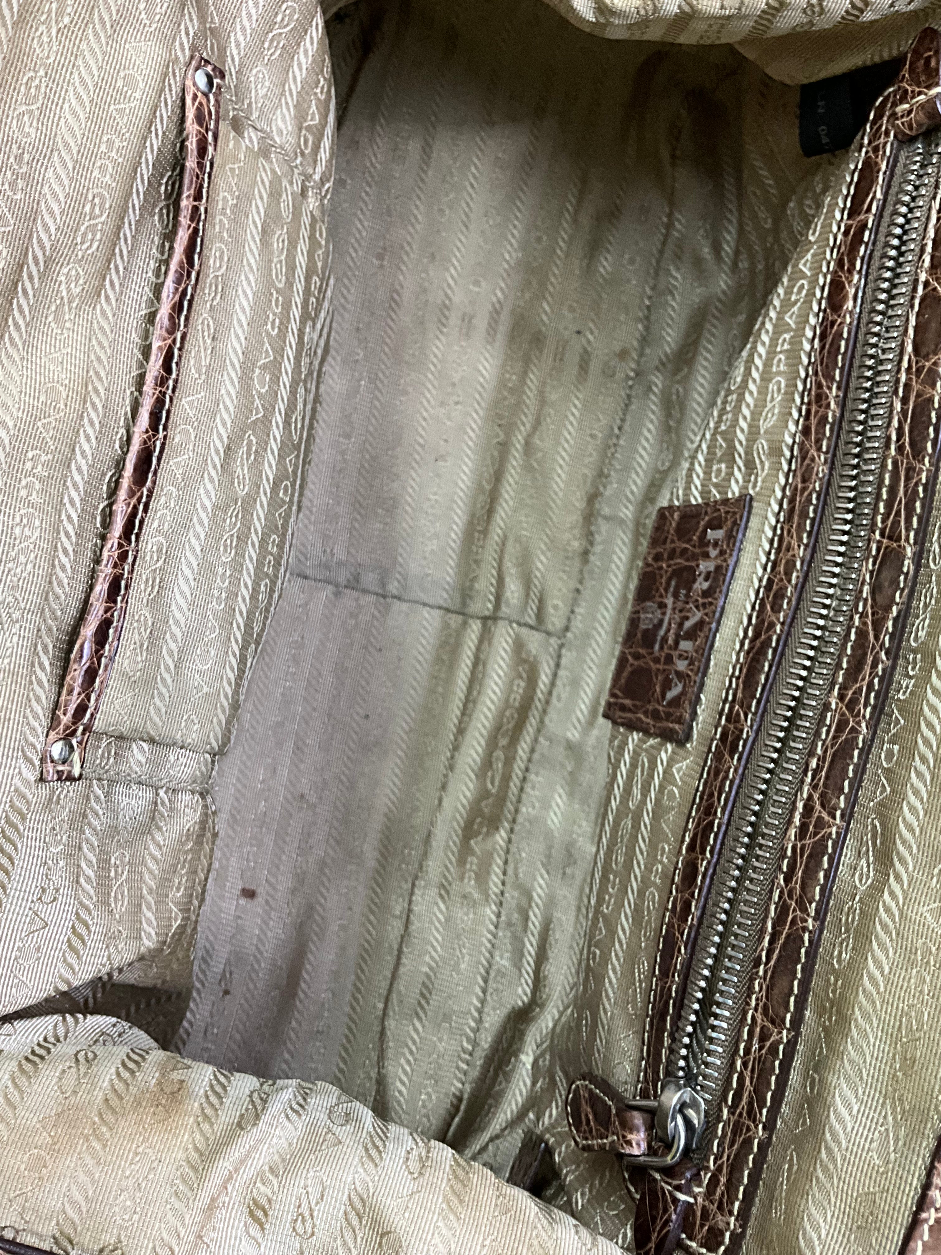 Prada Handbag for Women - Brown Crocodile Leather & Canvas Designer Purse - Perfect for Work, Travel, and Evening Events