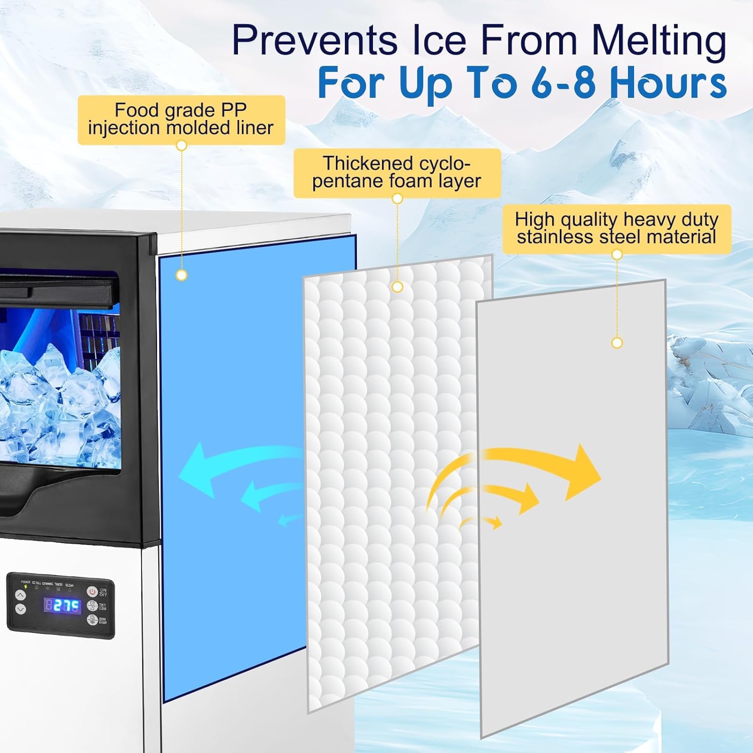Commercial Ice Maker Machine 100 Lbs/24H, Stainless Steel Freestanding Ice Machine with 33LBS Storage Bin - Fast Ice Production in 5-15 Minutes - Under Counter Ice Maker for Restaurants, Bars, Coffee Shops & Home Use - Perfect for Beverage Service, Parties & Commercial Kitchens - Ideal for Cocktail Bars, Outdoor Events, and Catering Services