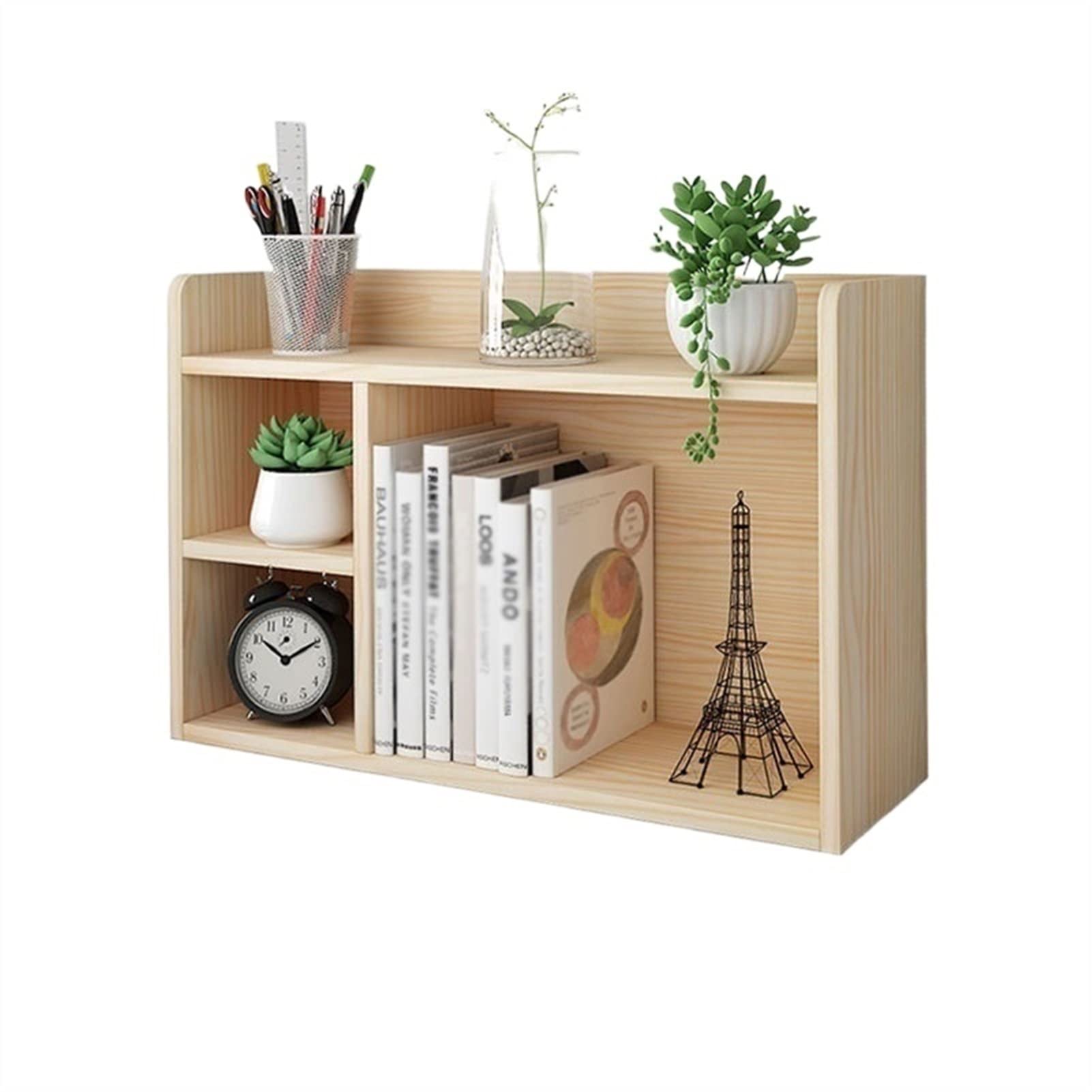XIANGGUI 1983 Wooden Bookshelf - Compact Desktop Storage Rack for Office & Home, Simple Design with Log Color Finish - Perfect for Organizing Books, Office Supplies, and Decorative Items in Small Spaces