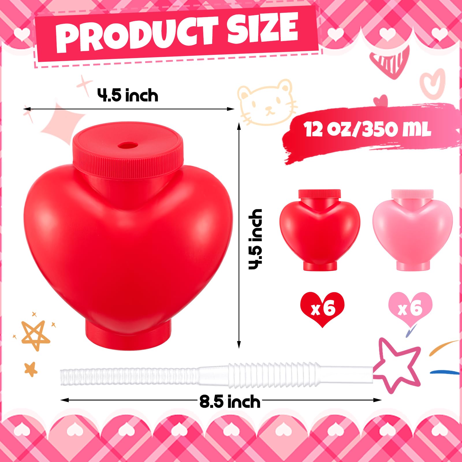12 Pack Valentine's Day Heart Shaped Plastic Cups with Lids & Straws - 12 oz Romantic Party Cups for Kids Birthday, School Classroom Prizes, Wedding Favors - Perfect for Valentine's Parties, Bridal Showers & Gift Exchanges