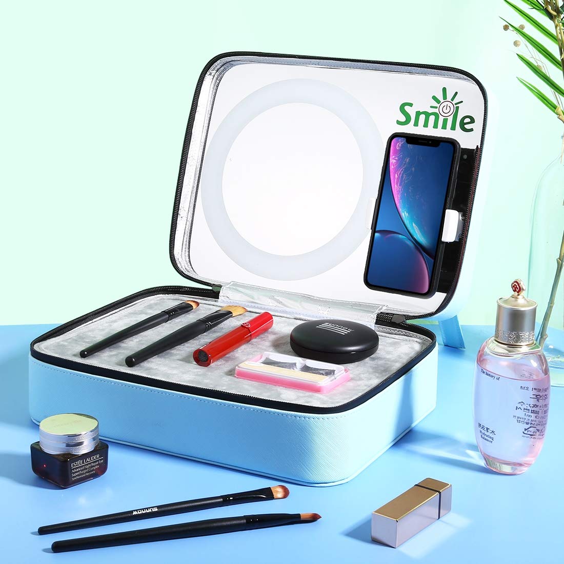 PULUZ Multifunctional Makeup Organizer & Cosmetic Storage Box with Ring Light, Mirror & Phone Clamp - Perfect for Live Streaming, Makeup Vanity, Photography & Video Recording (Blue)