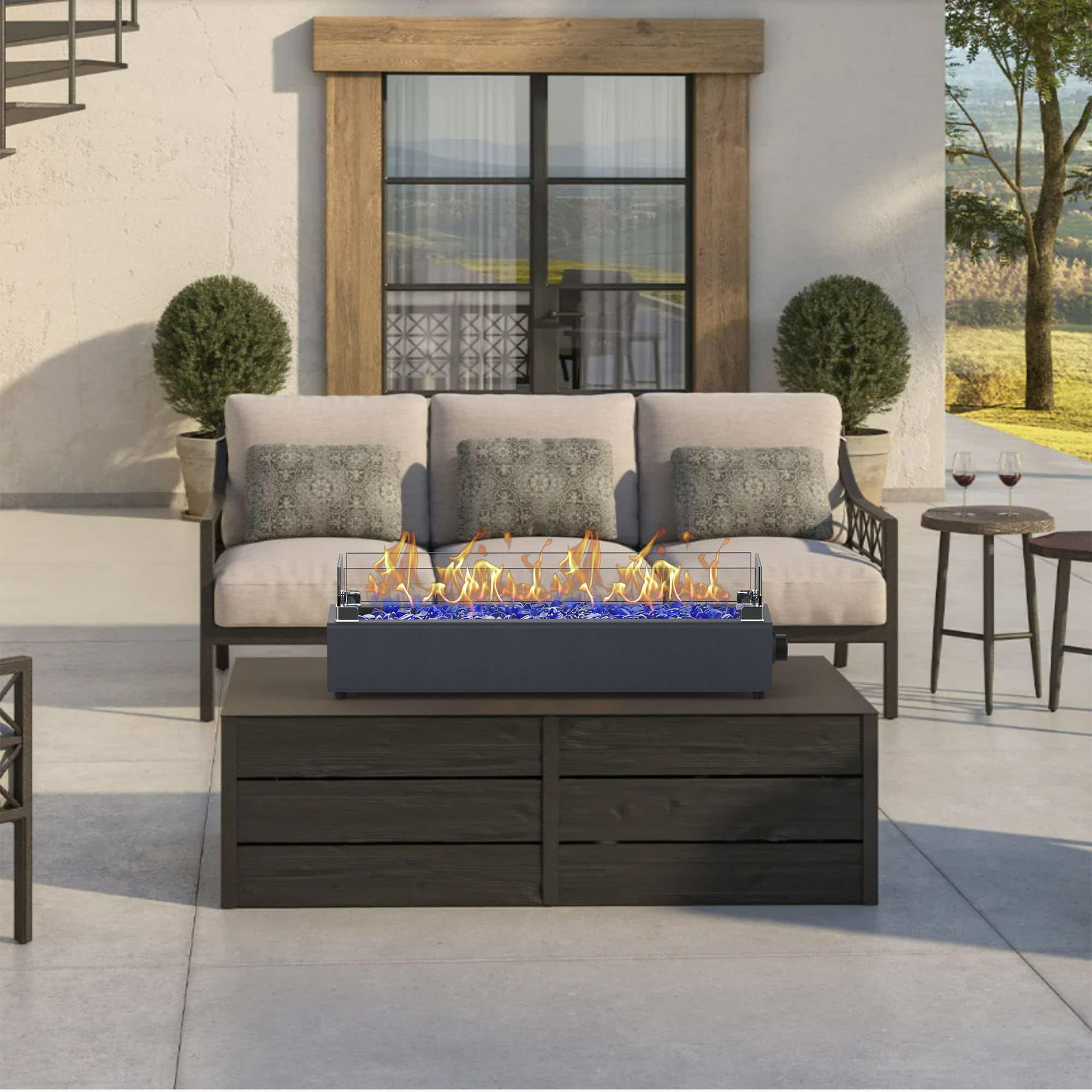 28-Inch Tabletop Propane Fire Pit - 40,000 BTU Outdoor Portable Fireplace with Windproof Glass Shield & Decorative Glass Rocks, Carbon Gray - Perfect for Patio, Deck, Backyard, and Camping Gatherings