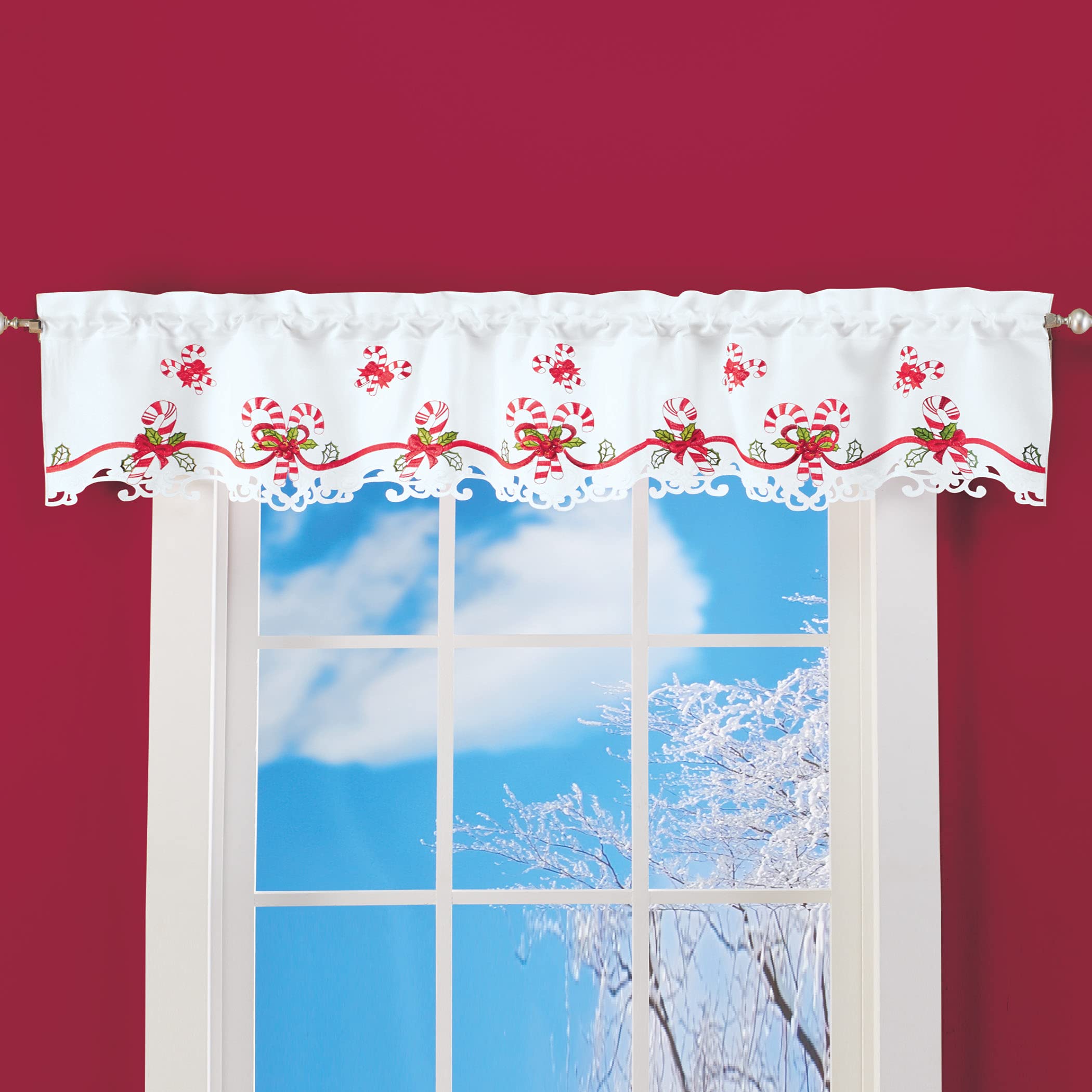Embroidered Candy Cane Window Curtains with Rod Pocket - Festive Holiday Home Decor for Living Room, Bedroom & Kitchen | Christmas Winter Seasonal Decorations