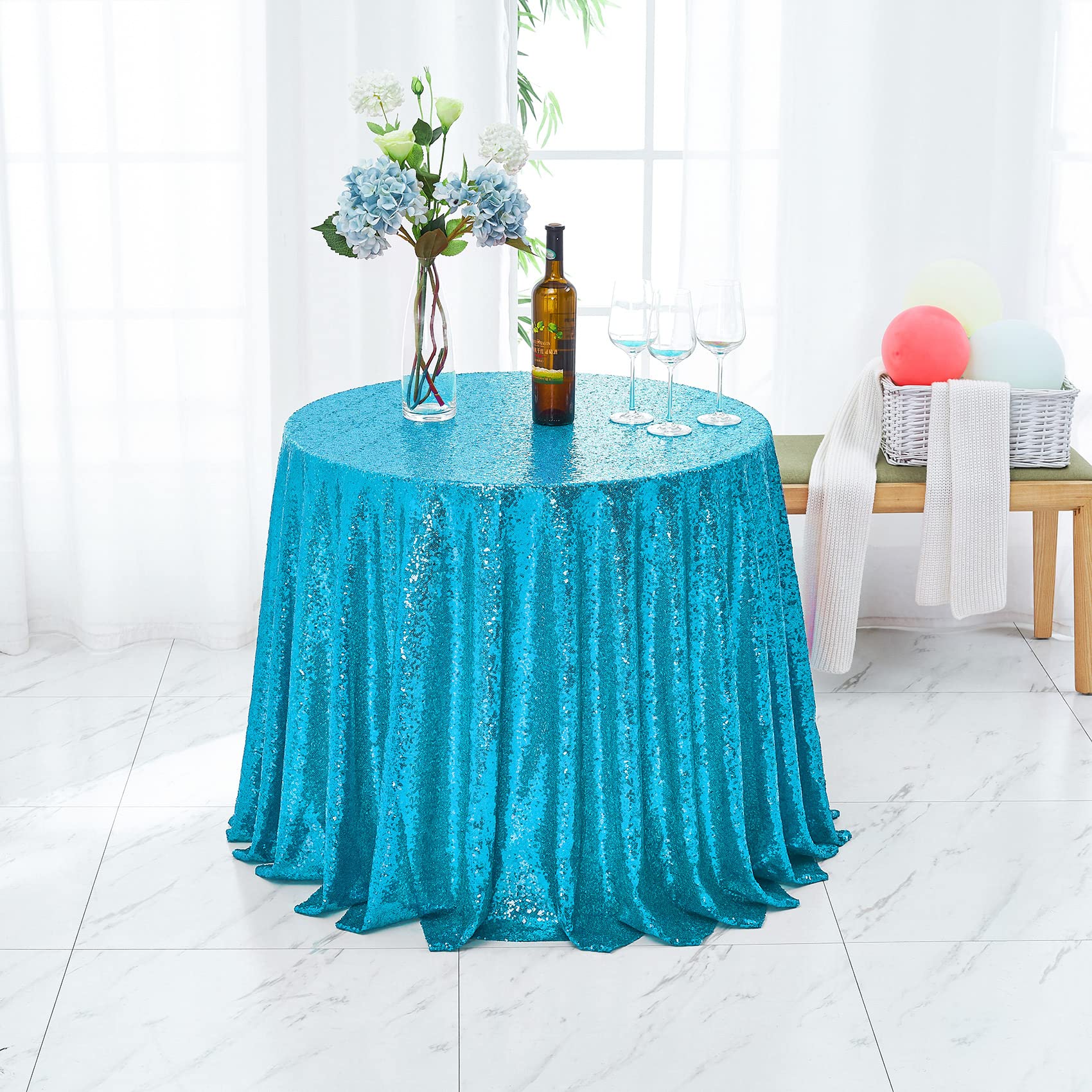50 Inch Round Sequin Tablecloth Turquoise - Glitter Party Table Cover for Wedding, Birthday, Bridal Shower, Banquet & Dessert Table Decor - Perfect for Holiday Celebrations, Anniversary Parties & Special Events