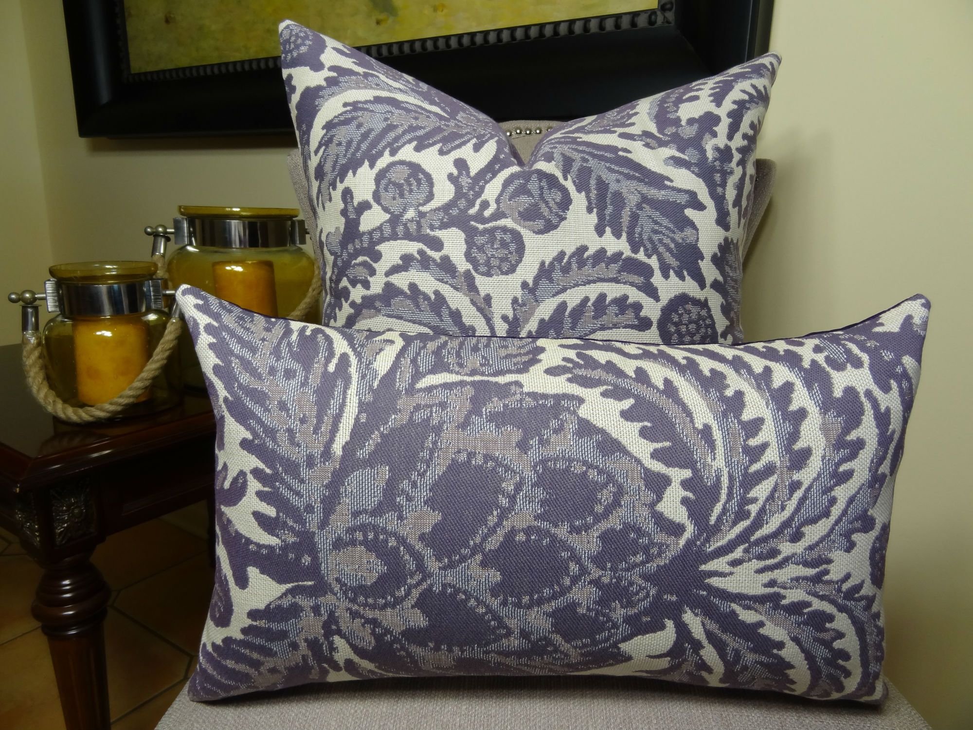 Violet Decorative Designer Throw Pillow - Purple & Cream Floral Sofa Cushion - Cotton Accent Pillow for Living Room, Bedroom - Made in USA | Home Decor, Gift Idea