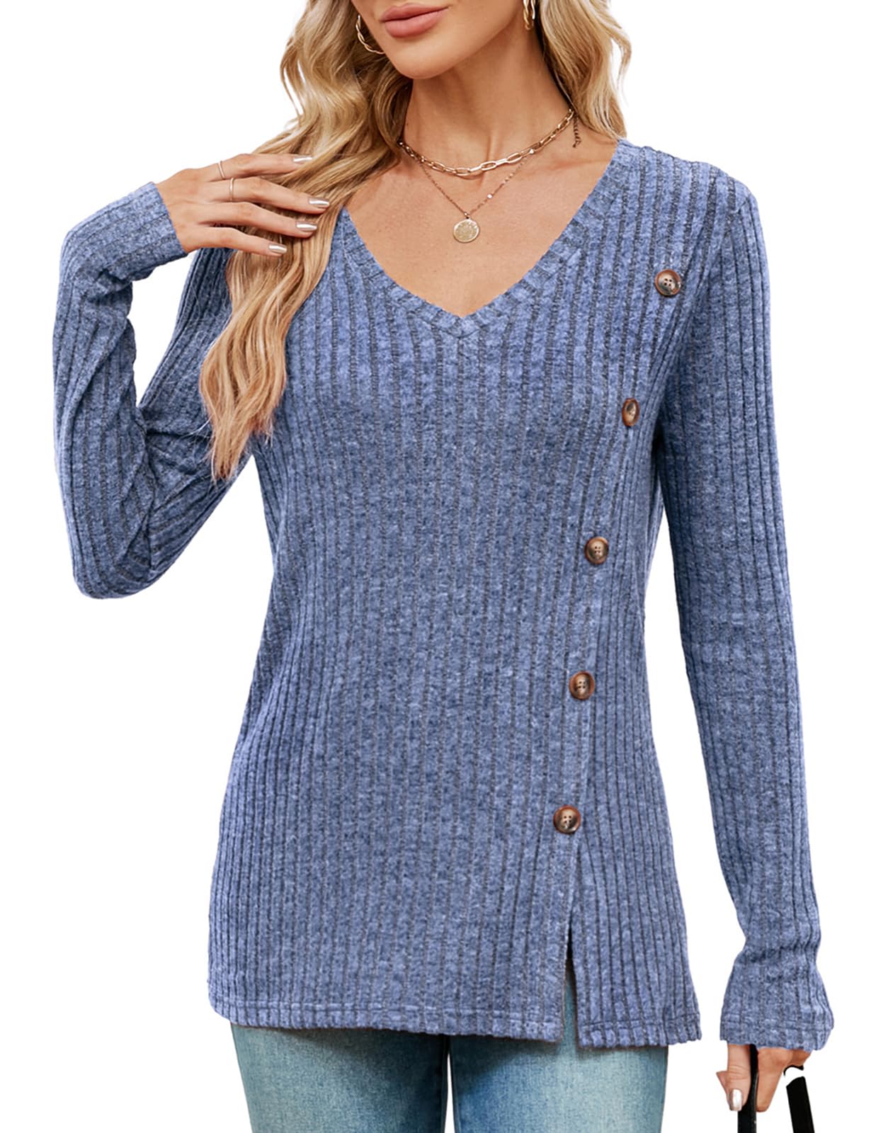 Women's V-Neck Knit Jumper with Buttons - Lightweight Long Sleeve Tops for Casual Wear